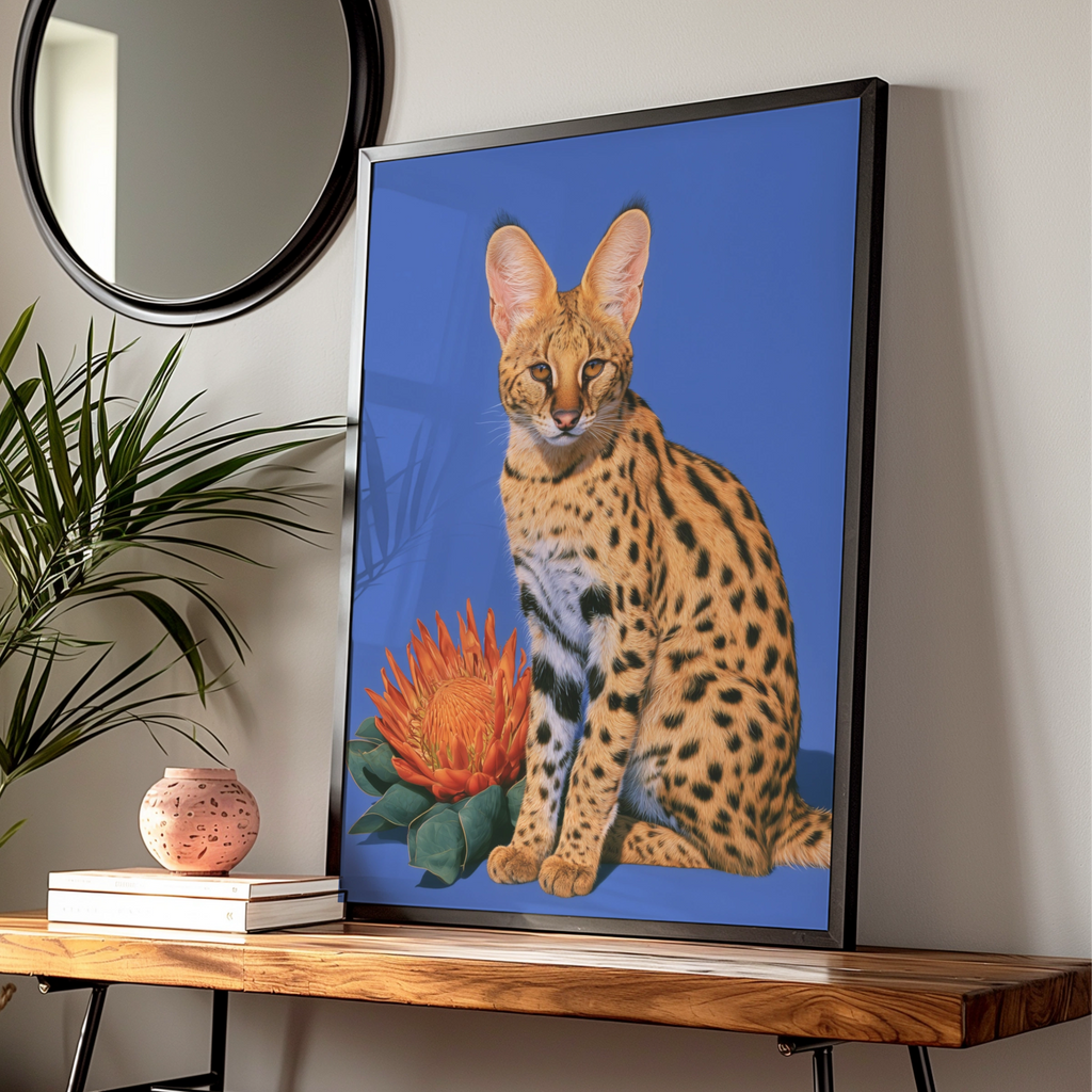 Serval Cat Protea Flower Poster, Bold Blue Wildlife Wall Art Print
