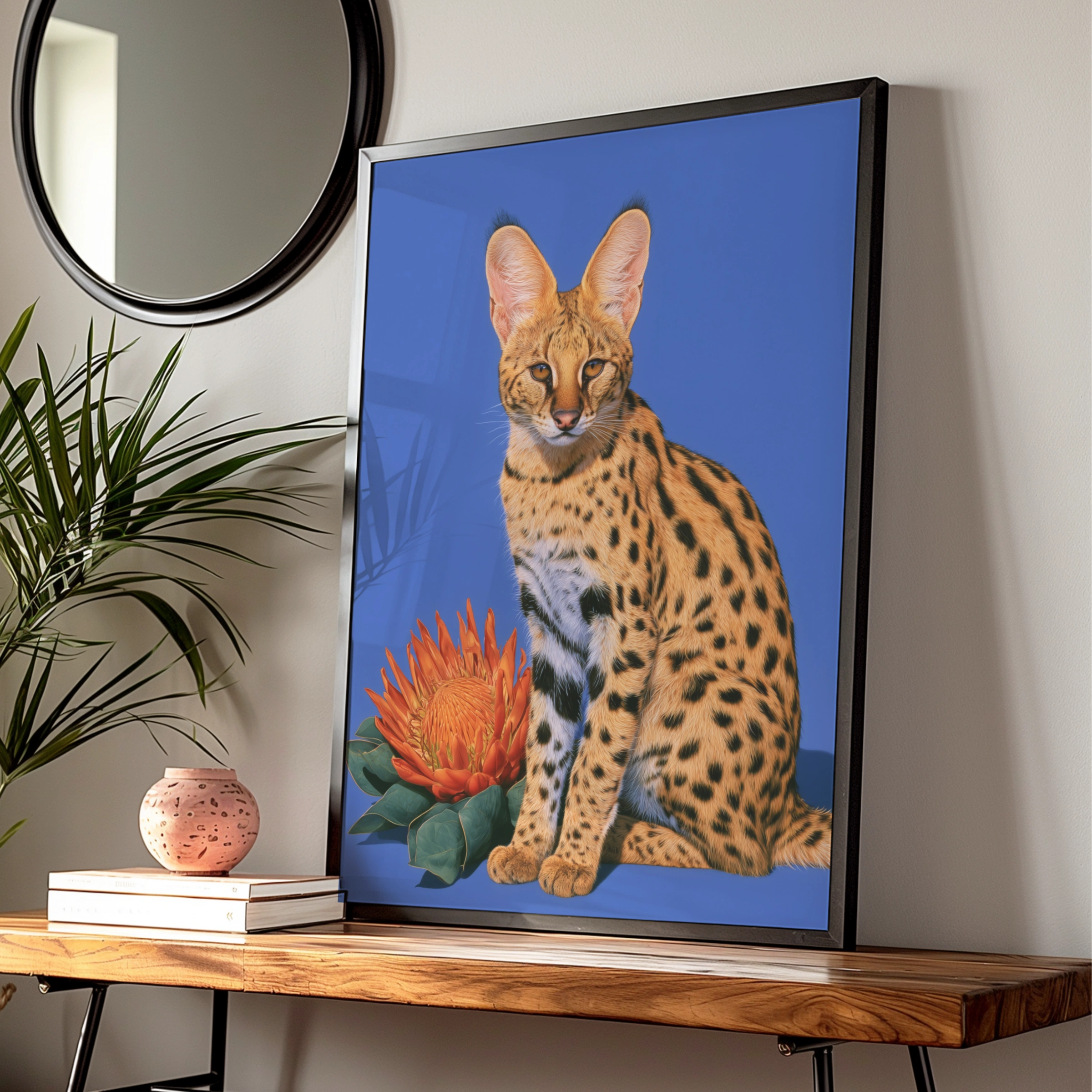 Serval Cat Protea Flower Poster, Bold Blue Wildlife Wall Art Print