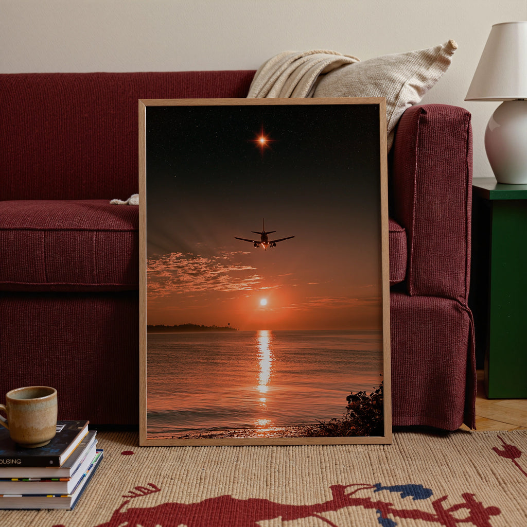 Plane Silhouette Sunset Beach Poster, Starry Sky Ocean Wall Art Print