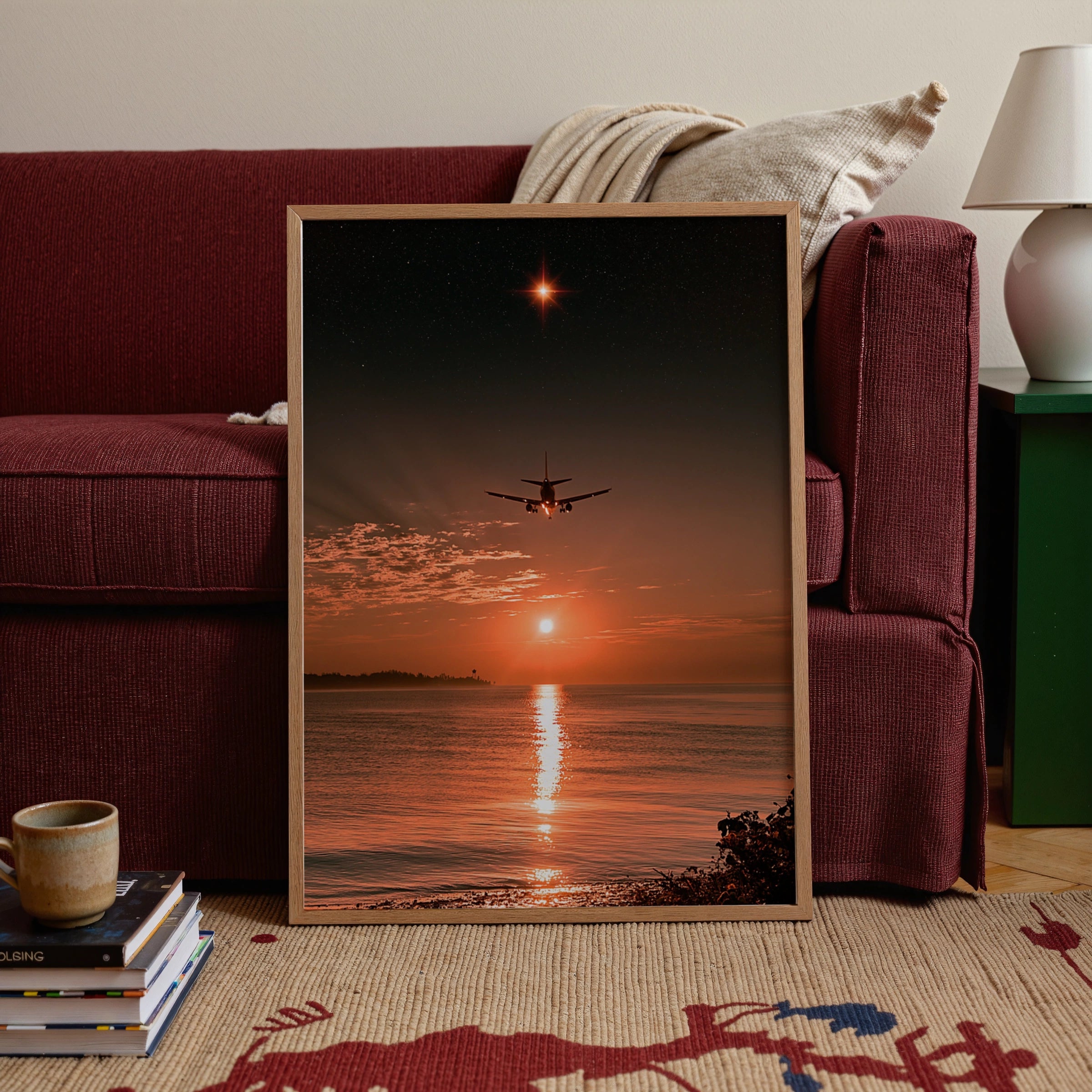 Plane Silhouette Sunset Beach Poster, Starry Sky Ocean Wall Art Print