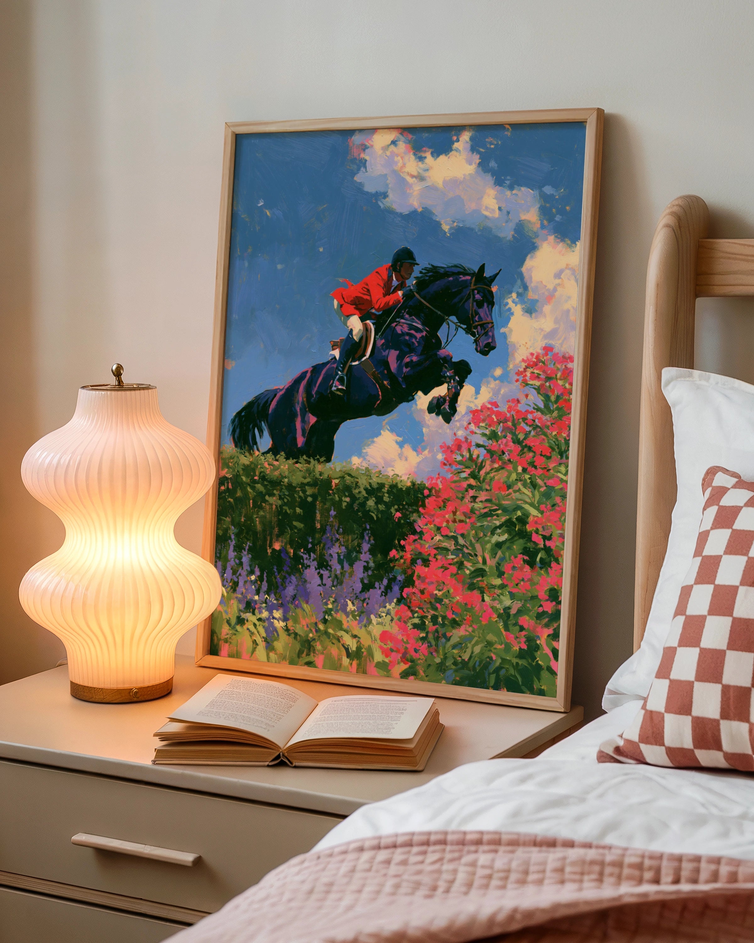 Horse Rider Leaping, Equestrian Show Jumping Poster, Oil Painting Style
