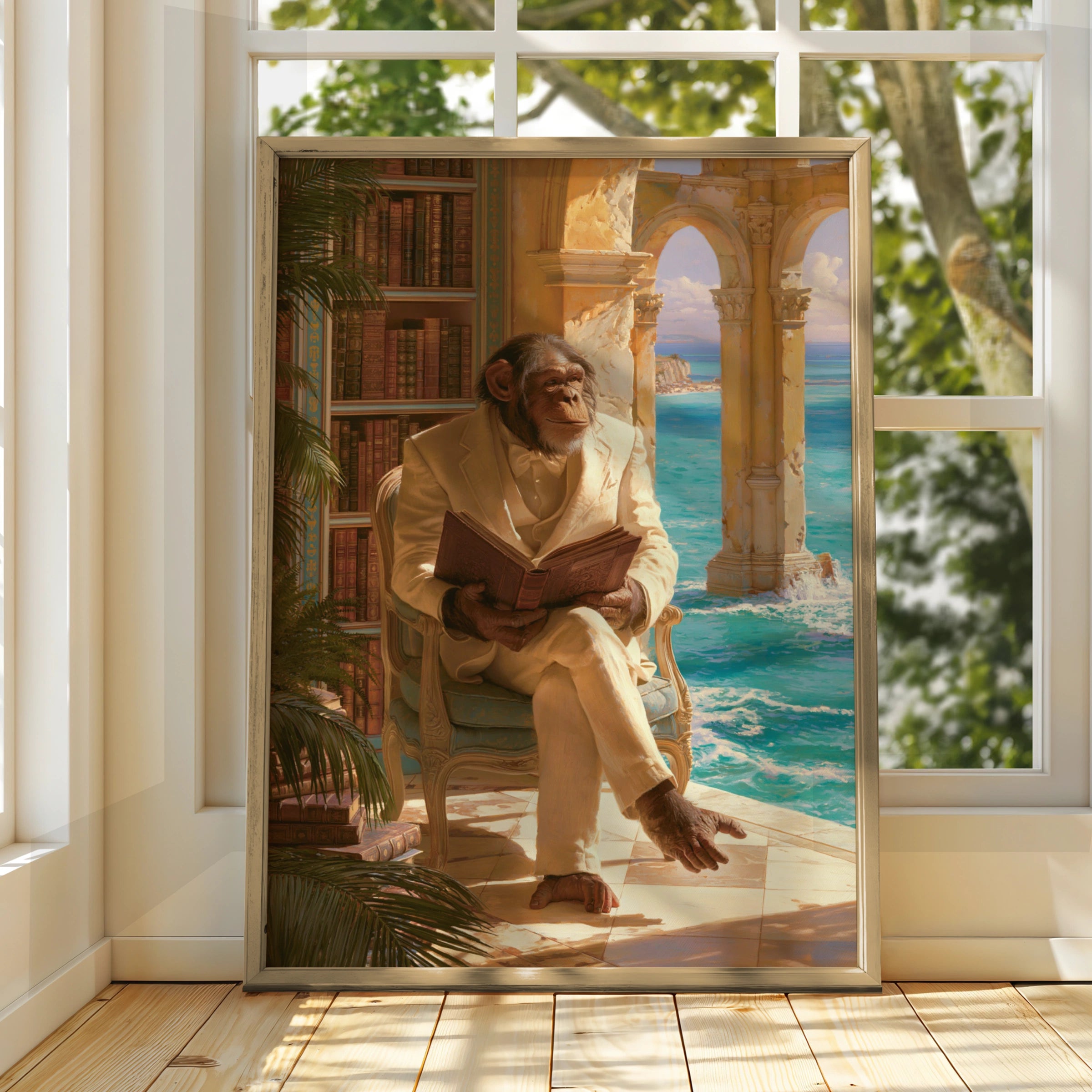 Chimpanzee Reading Book Poster, Monkey in Suit Art Print, Classical Style