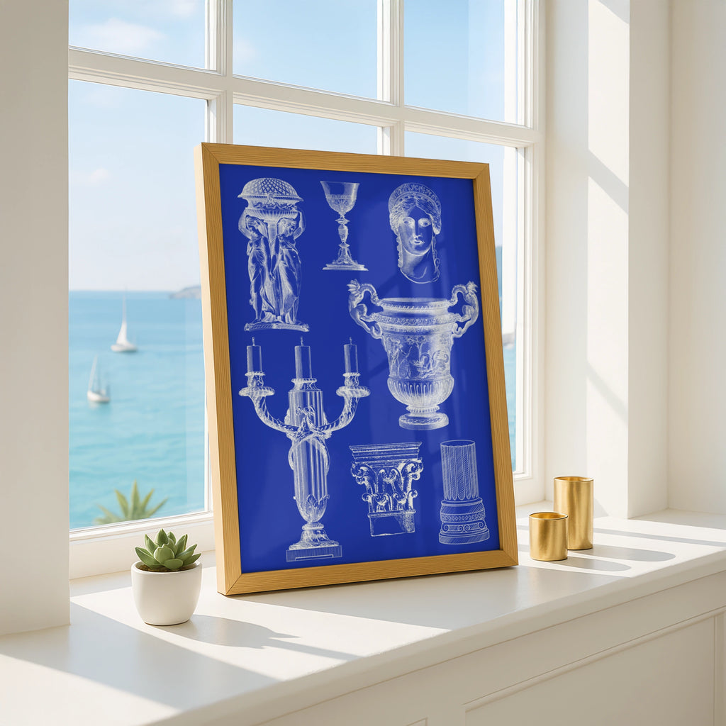 Roman Vase Blueprint Poster, Classical Antiquity Wall Art, Blue