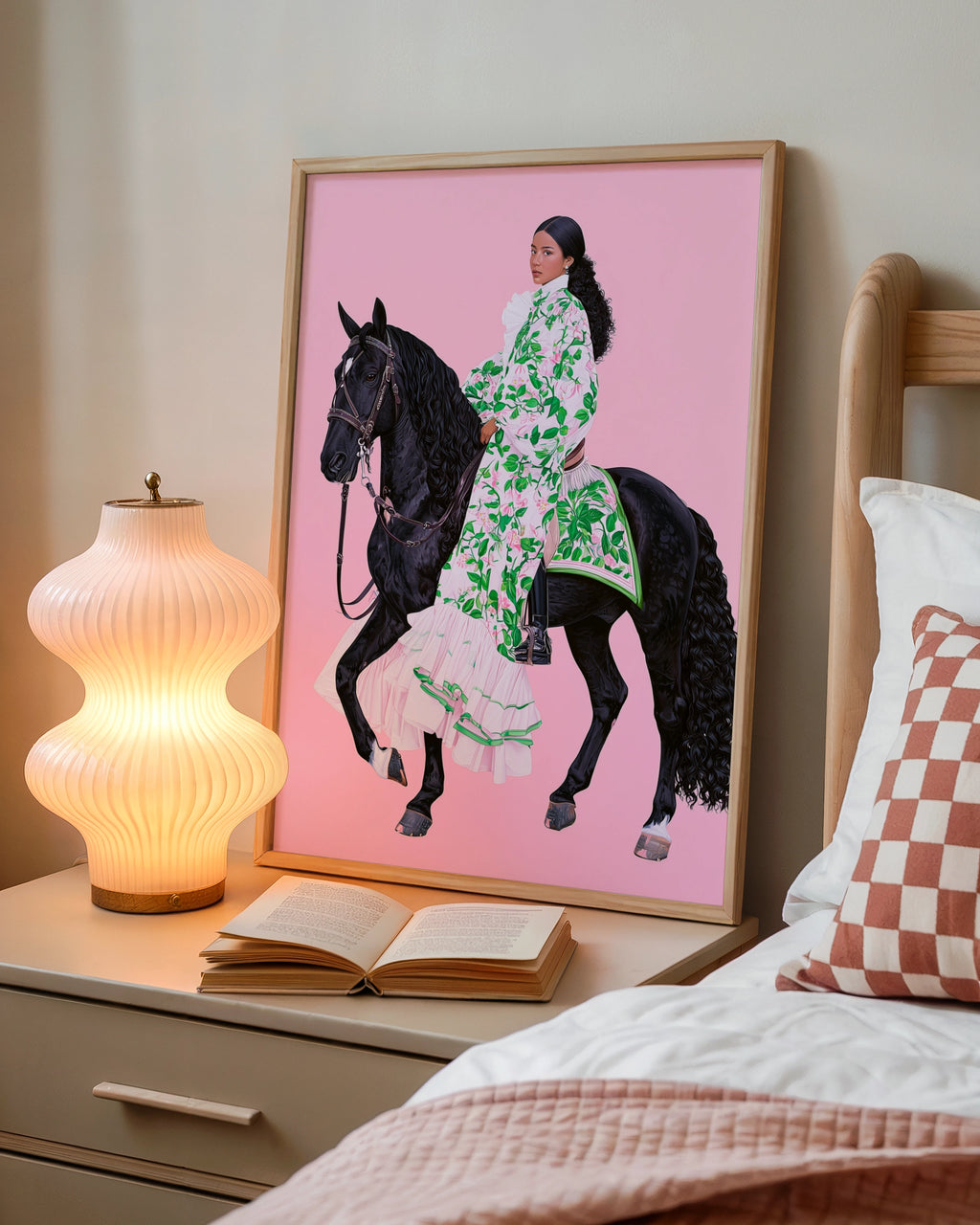 Woman on Black Horse Pink Background, Equestrian Poster, Floral Dress Art