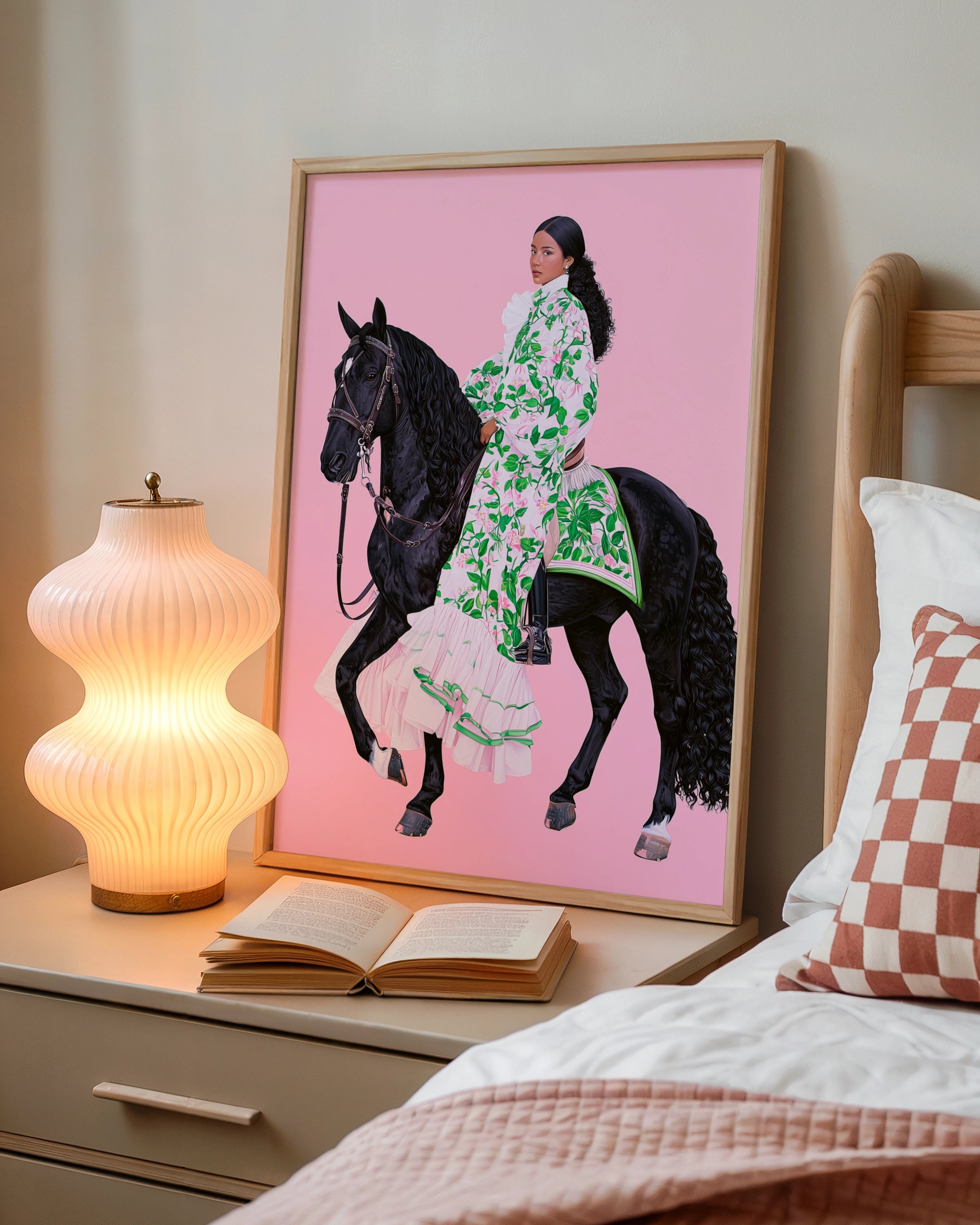 Woman on Black Horse Pink Background, Equestrian Poster, Floral Dress Art
