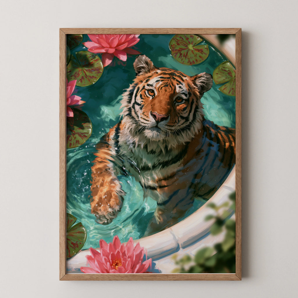 Tiger in Bath with Lotus Flowers Poster, Wild Cat Water Art Print