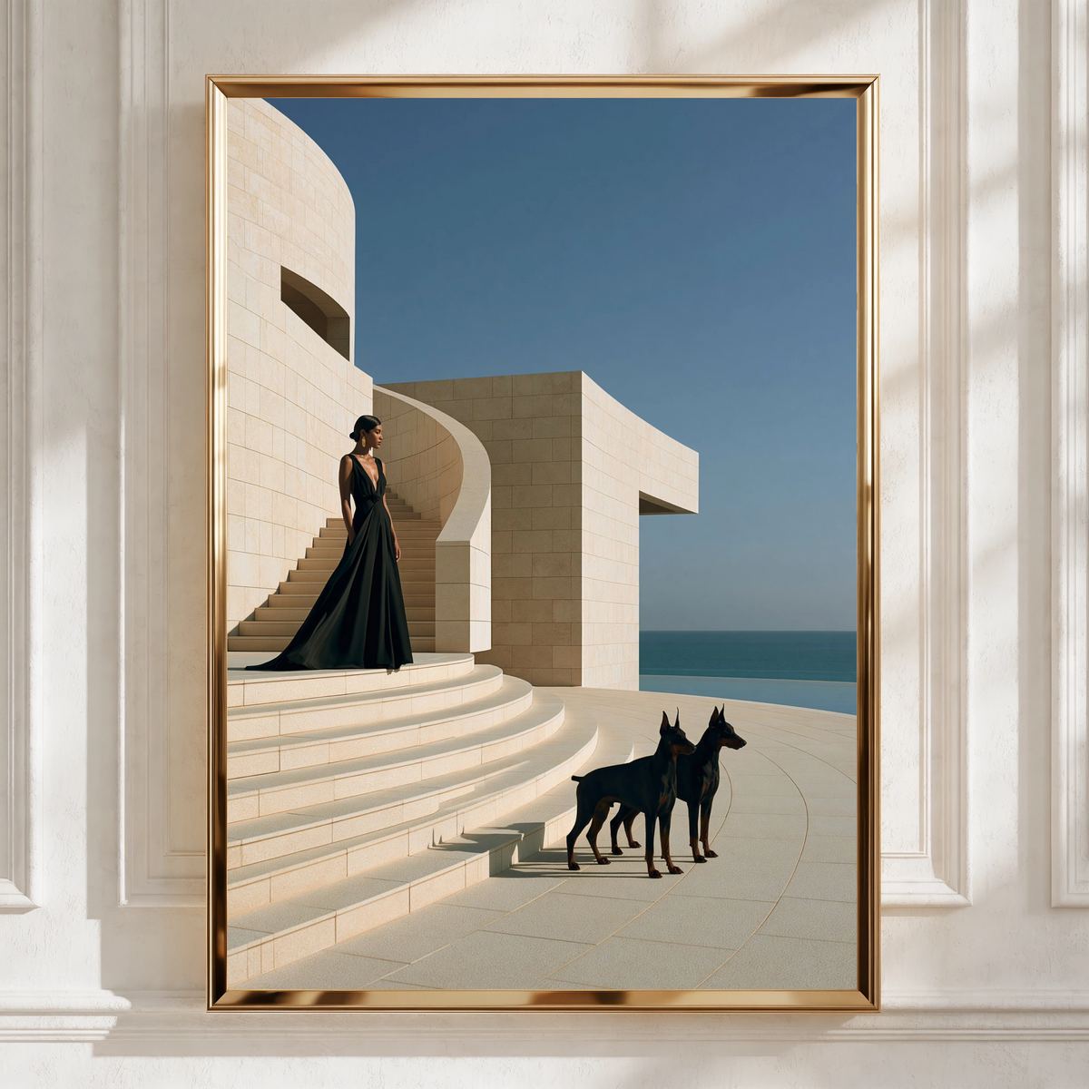 Woman with Dobermanns on Travertine Stairs, Wall Art Poster, Luxury Minimalist