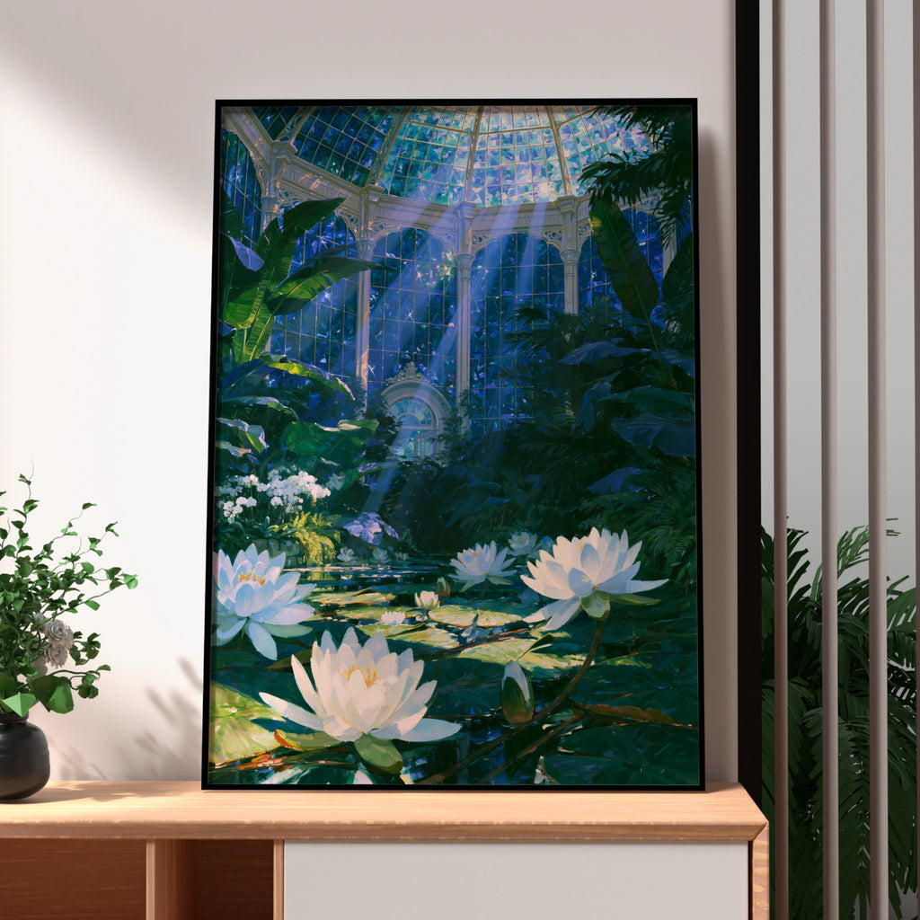 Greenhouse Water Lilies Poster, Glass Dome Botanical Garden, Impressionist Wall Art