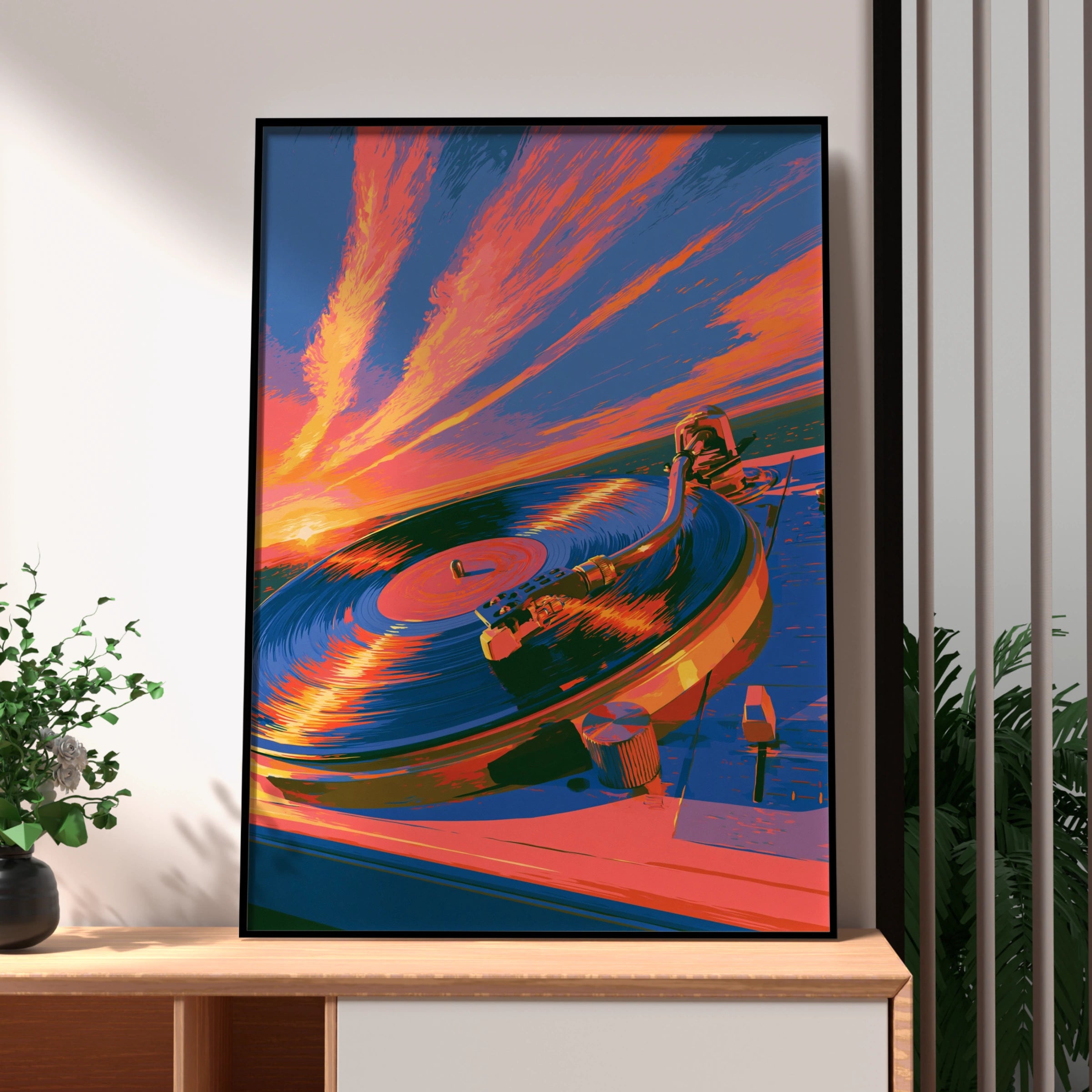 Record Player Sunset Poster, Vinyl Turntable Wall Art, Retro Music Print