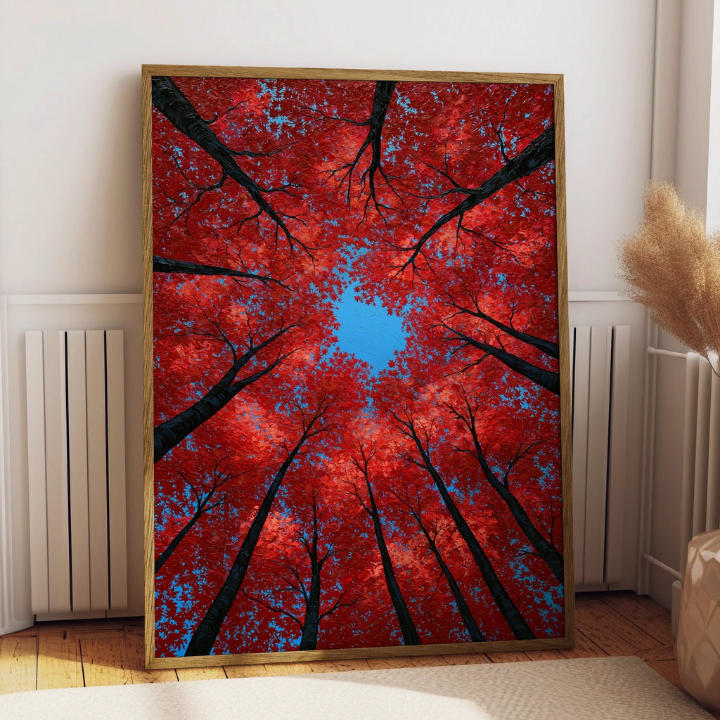 Red Autumn Trees Looking Up, Forest Canopy Wall Art Poster, Bold Nature Print
