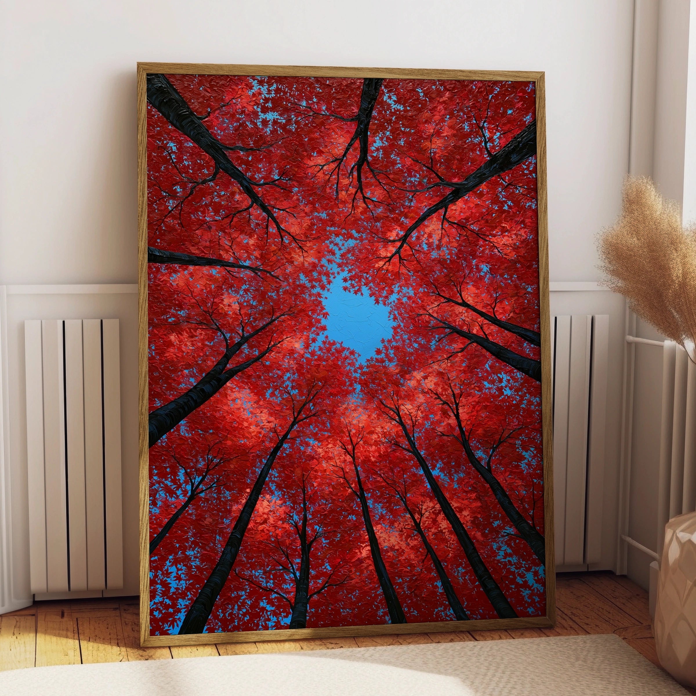 Red Autumn Trees Looking Up, Forest Canopy Wall Art Poster, Bold Nature Print