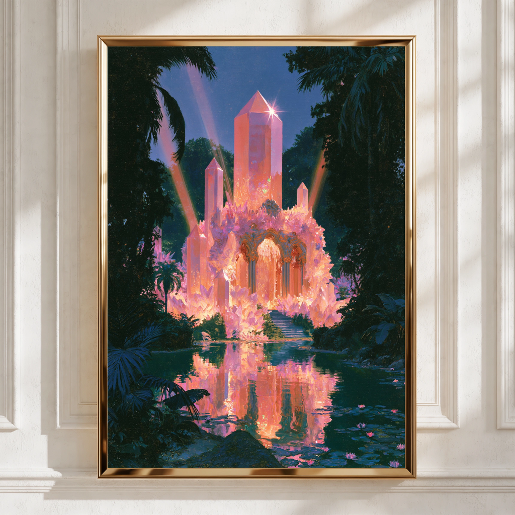 Crystal Temple Jungle Poster, Mystical Fantasy Art Print, Pink Glowing