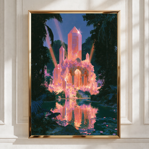 Crystal Temple Jungle Poster, Mystical Fantasy Art Print, Pink Glowing