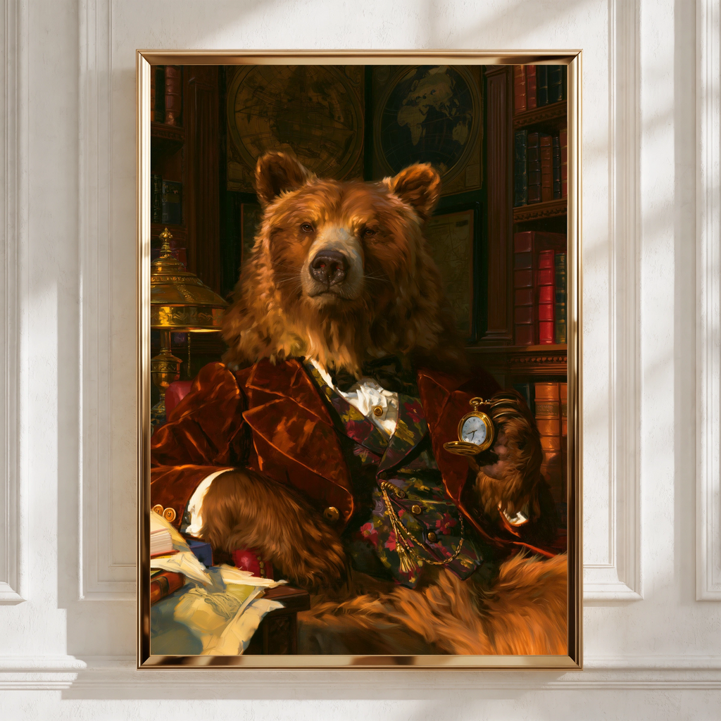 Smart Bear Portrait Poster, Victorian Gentleman Library, Regal Animal Art Print