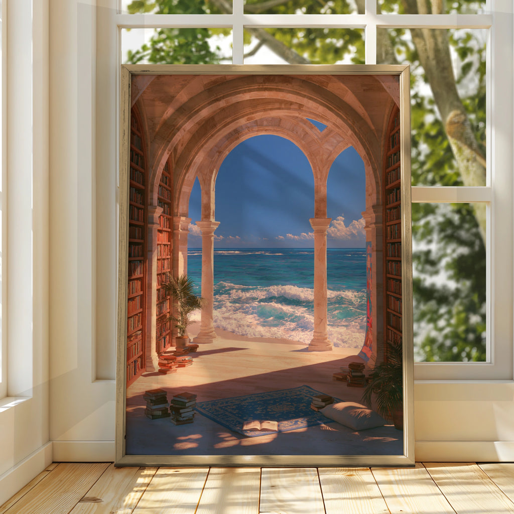 Library Sea View Poster, Stone Arches Bookshelf Ocean Wall Art Print