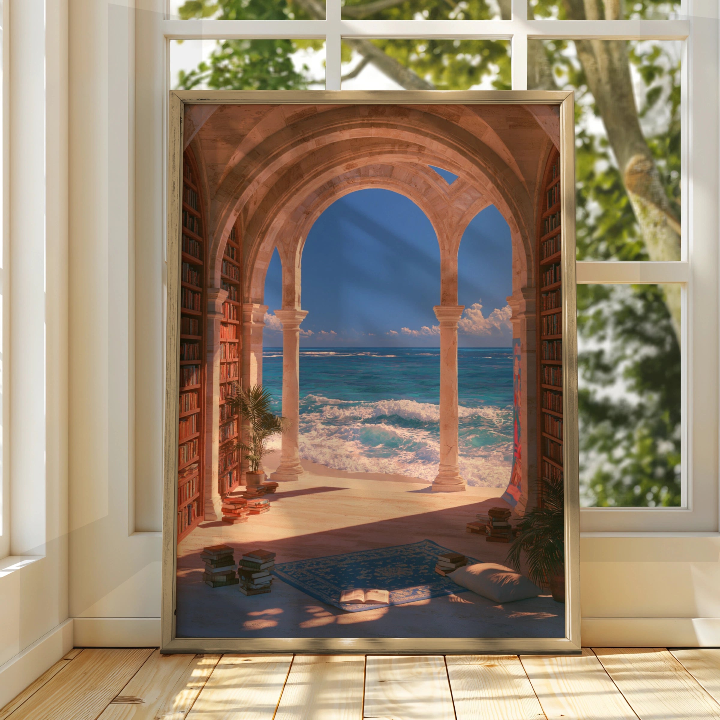 Library Sea View Poster, Stone Arches Bookshelf Ocean Wall Art Print