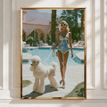 Woman with Poodle Poolside Poster, Retro Bikini Wall Art, Glamour Print