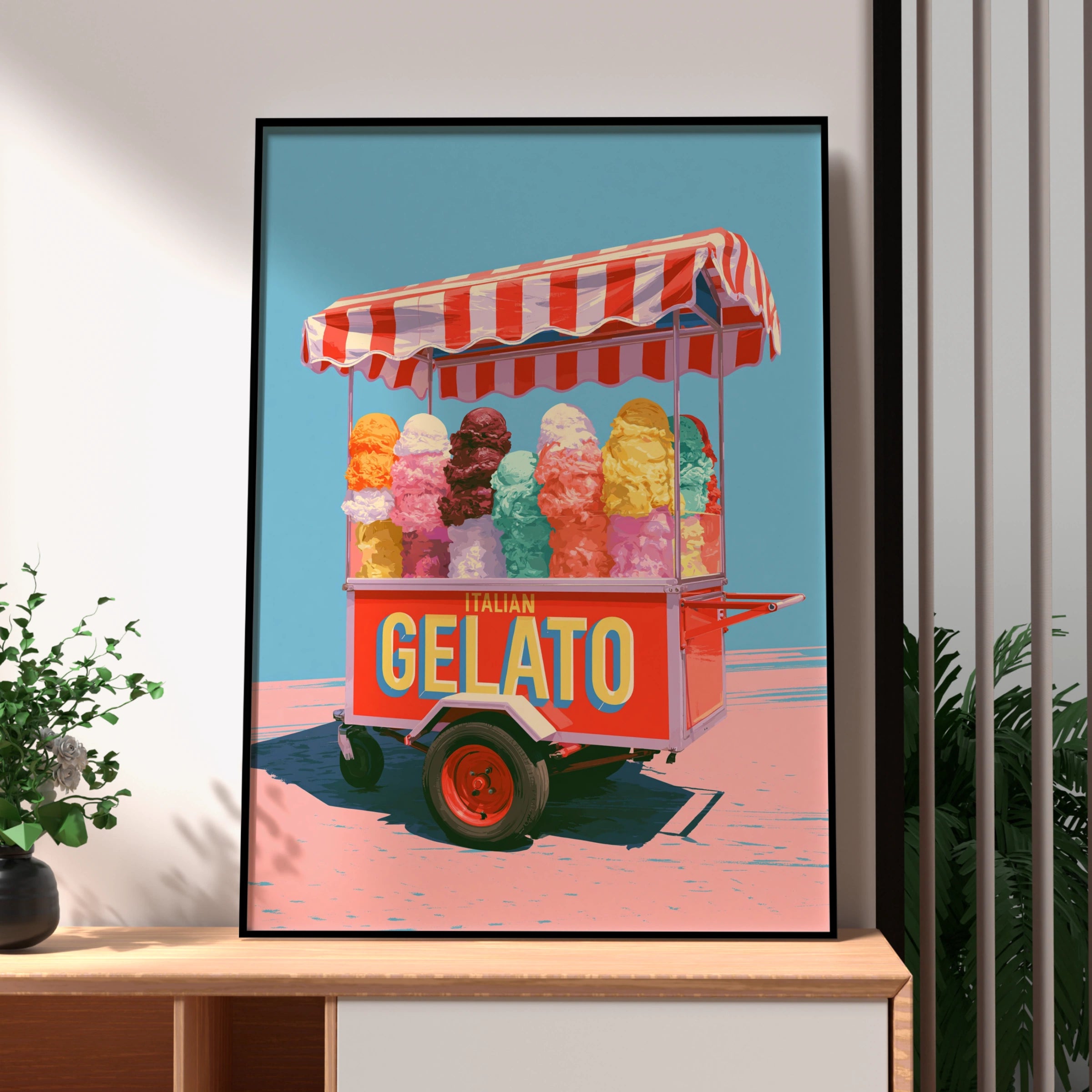 Italian Gelato Cart Poster, Retro Ice Cream Print, Colourful Kitchen Wall Art