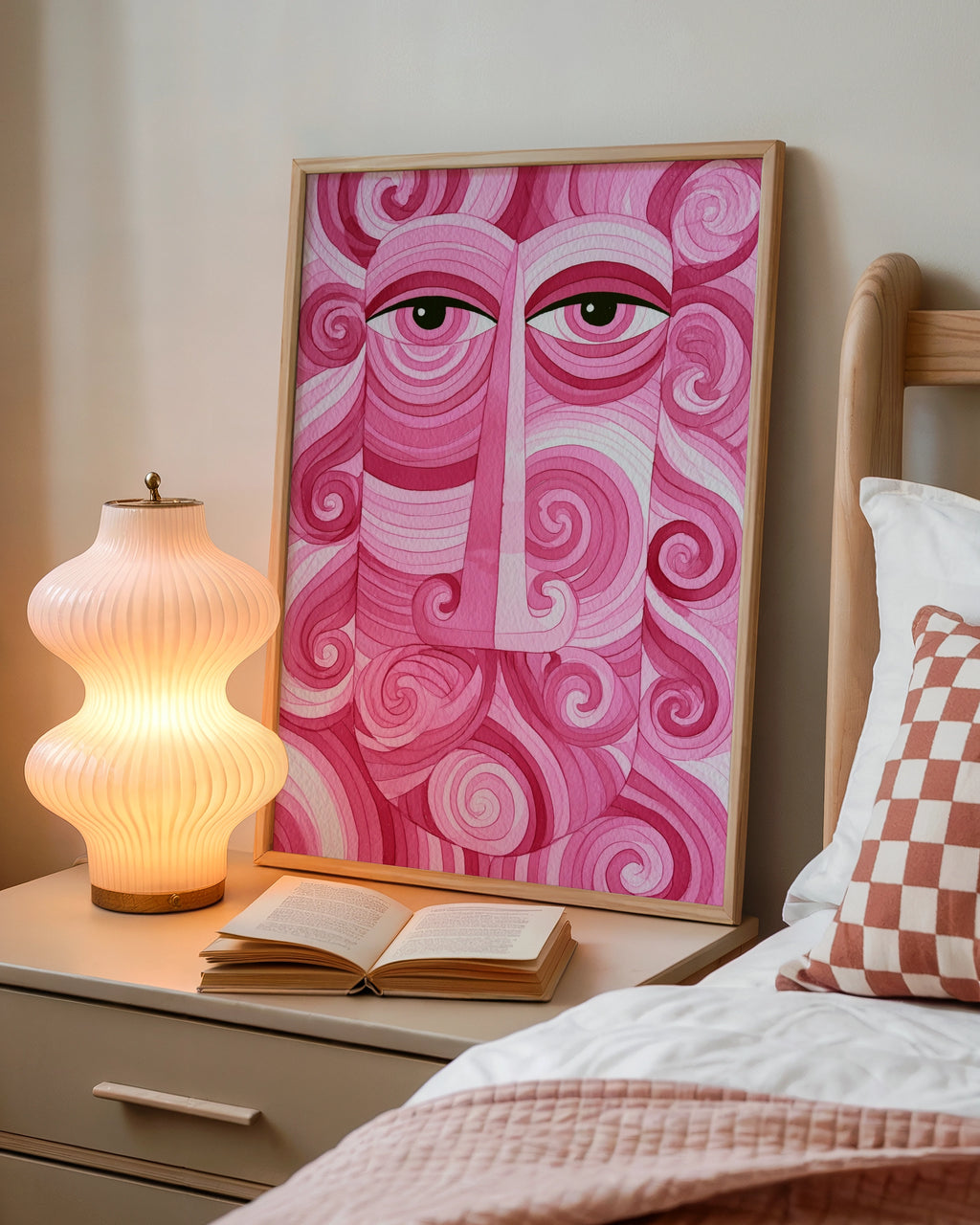 Pink Abstract Face Poster, Swirl Portrait Wall Art, Psychedelic Print