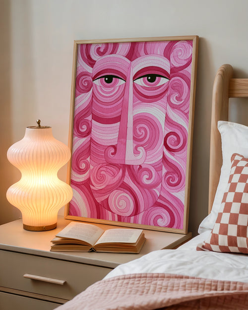 Pink Abstract Face Poster, Swirl Portrait Wall Art, Psychedelic Print