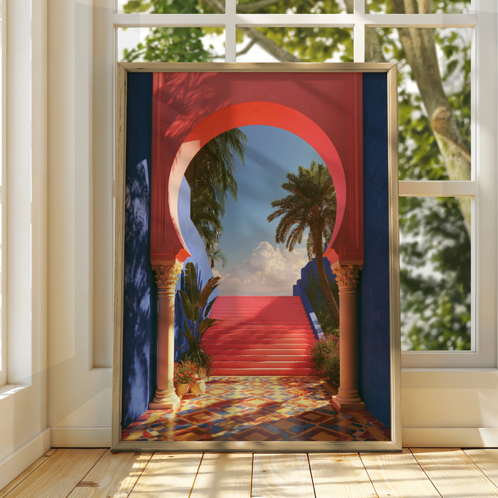 Moroccan Archway Palm Trees Poster, Red Blue Architecture Wall Art Print