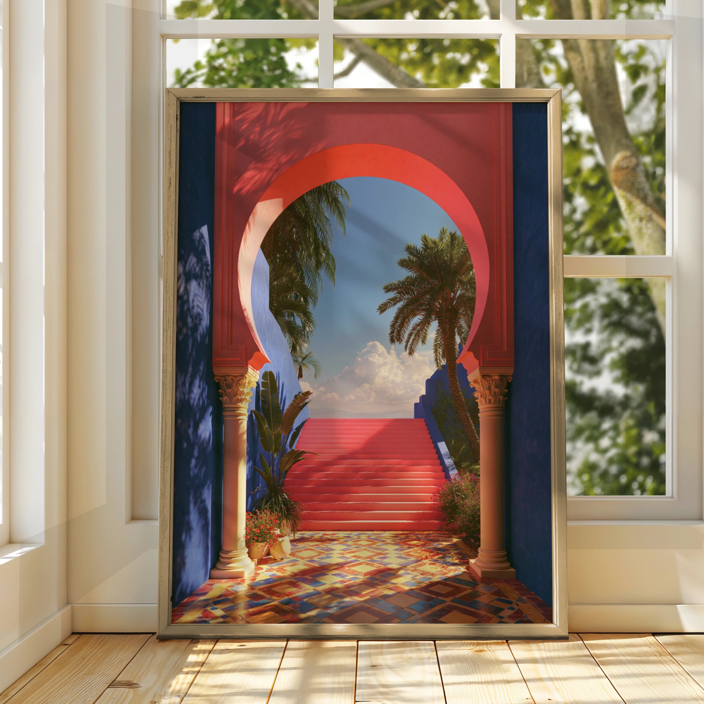Moroccan Archway Palm Trees Poster, Red Blue Architecture Wall Art Print