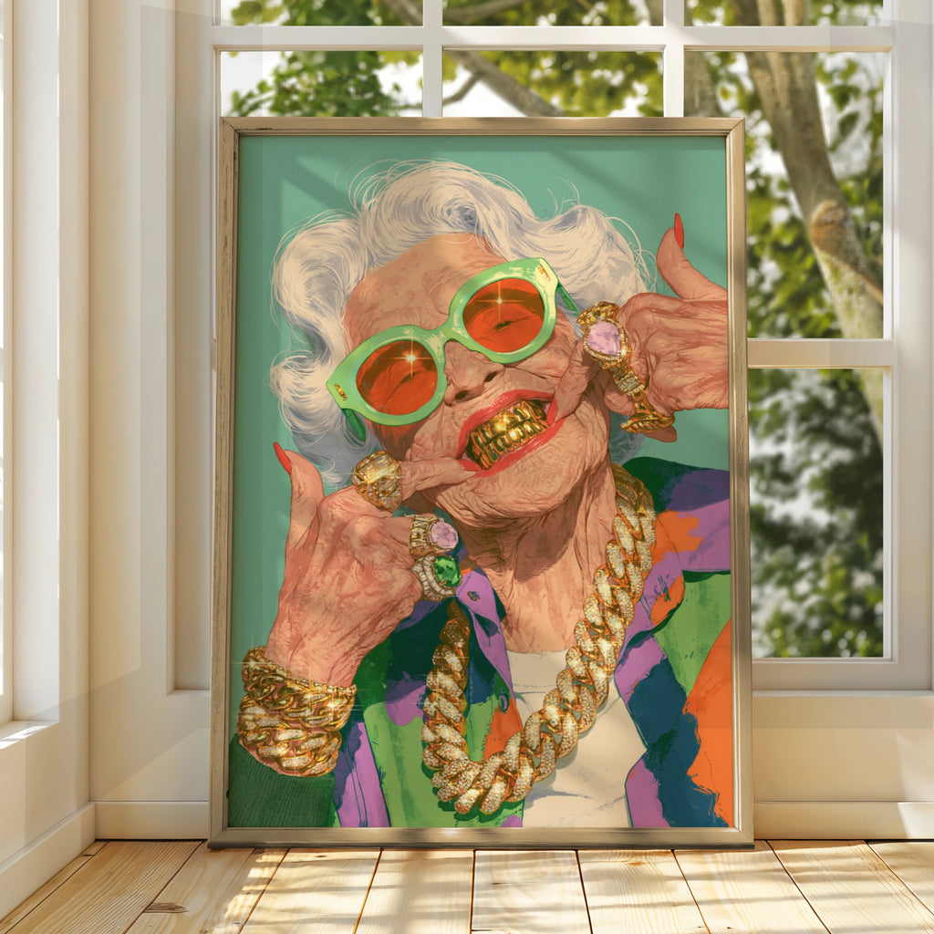 Grandma Grills Poster, Funny Old Lady Gold Teeth, Bold Pop Art Print