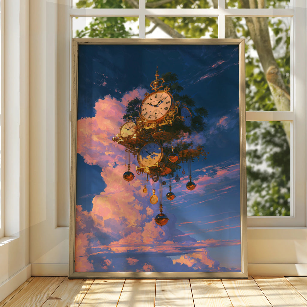 Floating Clock Sky Fantasy Poster, Steampunk Surreal Art Print, Gold Blue