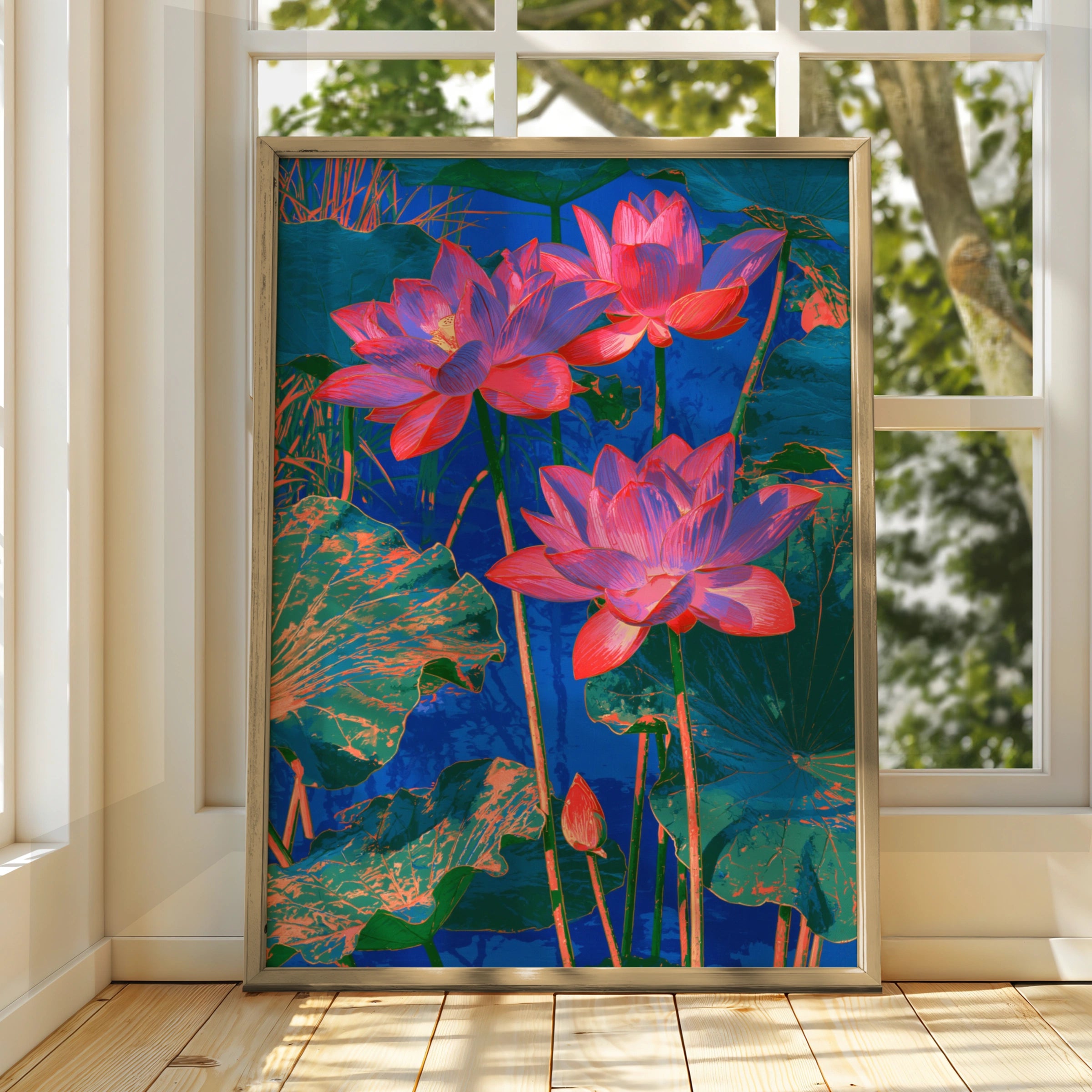 Pink Lotus Flower Water Poster, Bold Botanical Art Print, Vibrant Floral Wall Art
