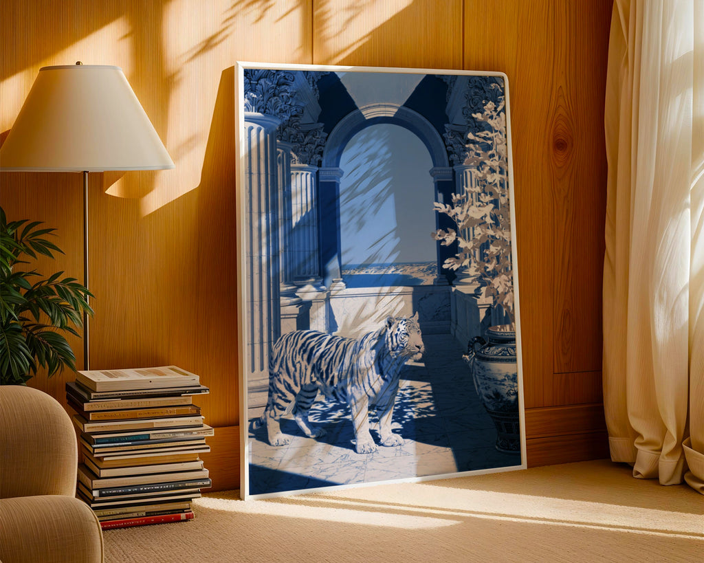 Tiger Classical Hall Poster, Porcelain Blue Architecture Wall Art Print