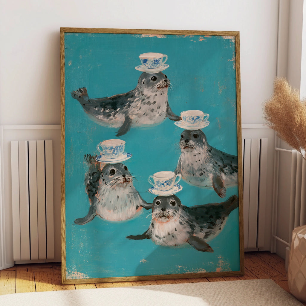 Seals Balancing Teacups Poster, Whimsical Animal Wall Art, Teal Illustrated Print