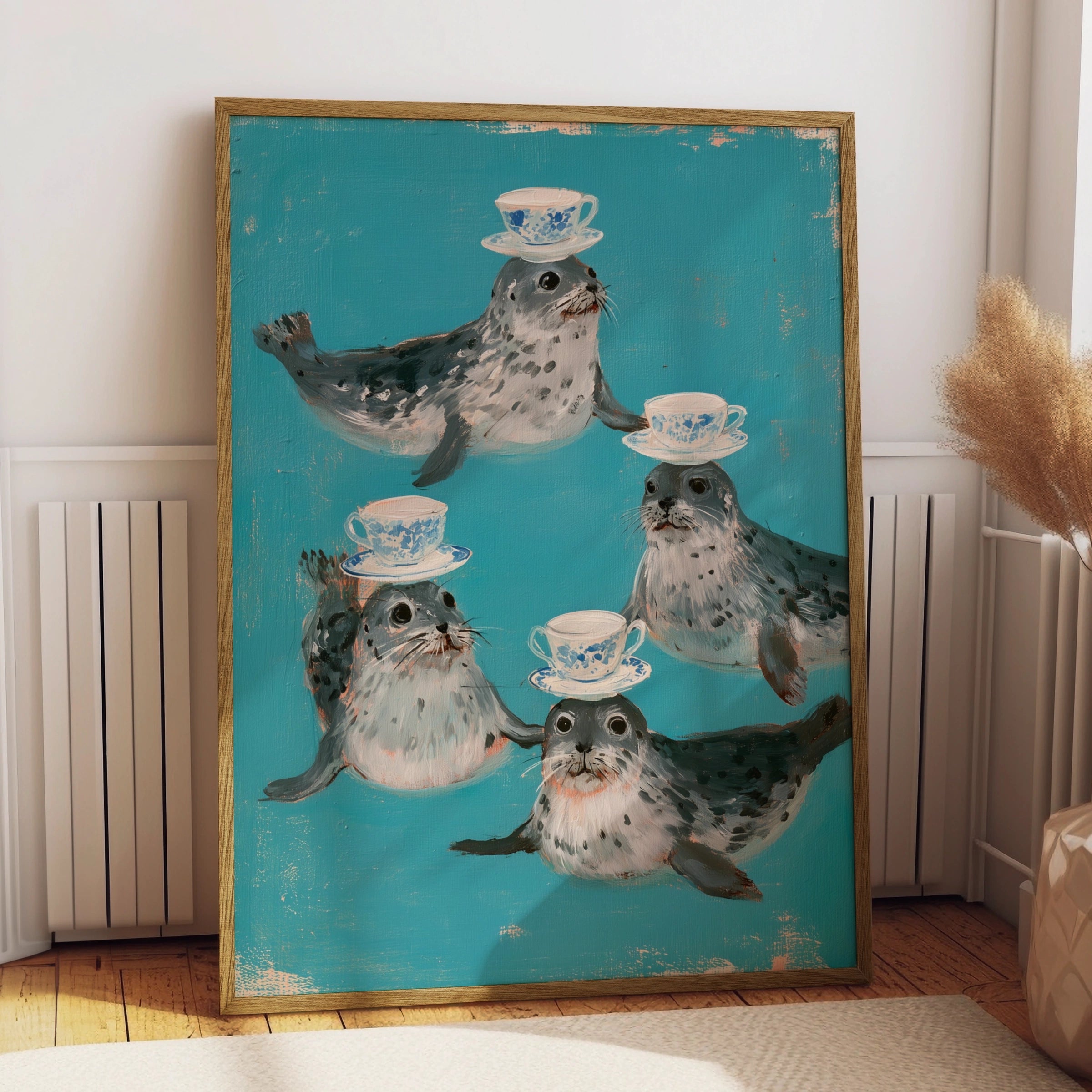 Seals Balancing Teacups Poster, Whimsical Animal Wall Art, Teal Illustrated Print