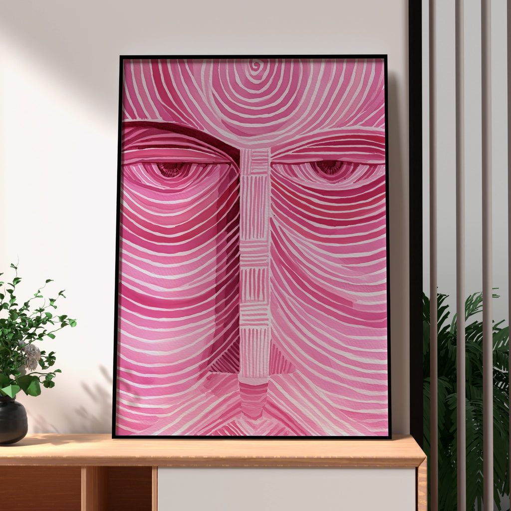 Pink Face Portrait Poster, Abstract Line Art Print, Psychedelic Wall Art