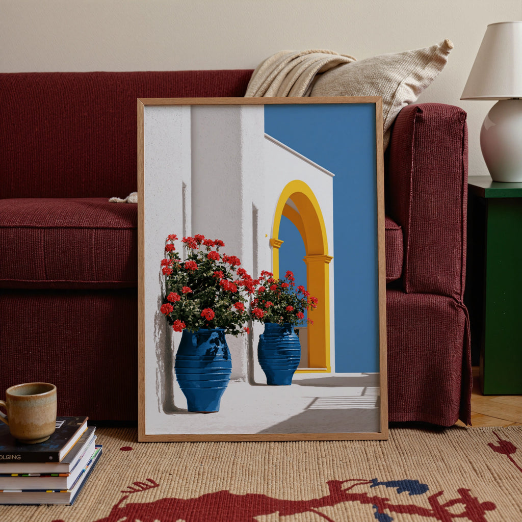 Greek Courtyard Blue Vases Poster, Mediterranean Architecture Wall Art Print