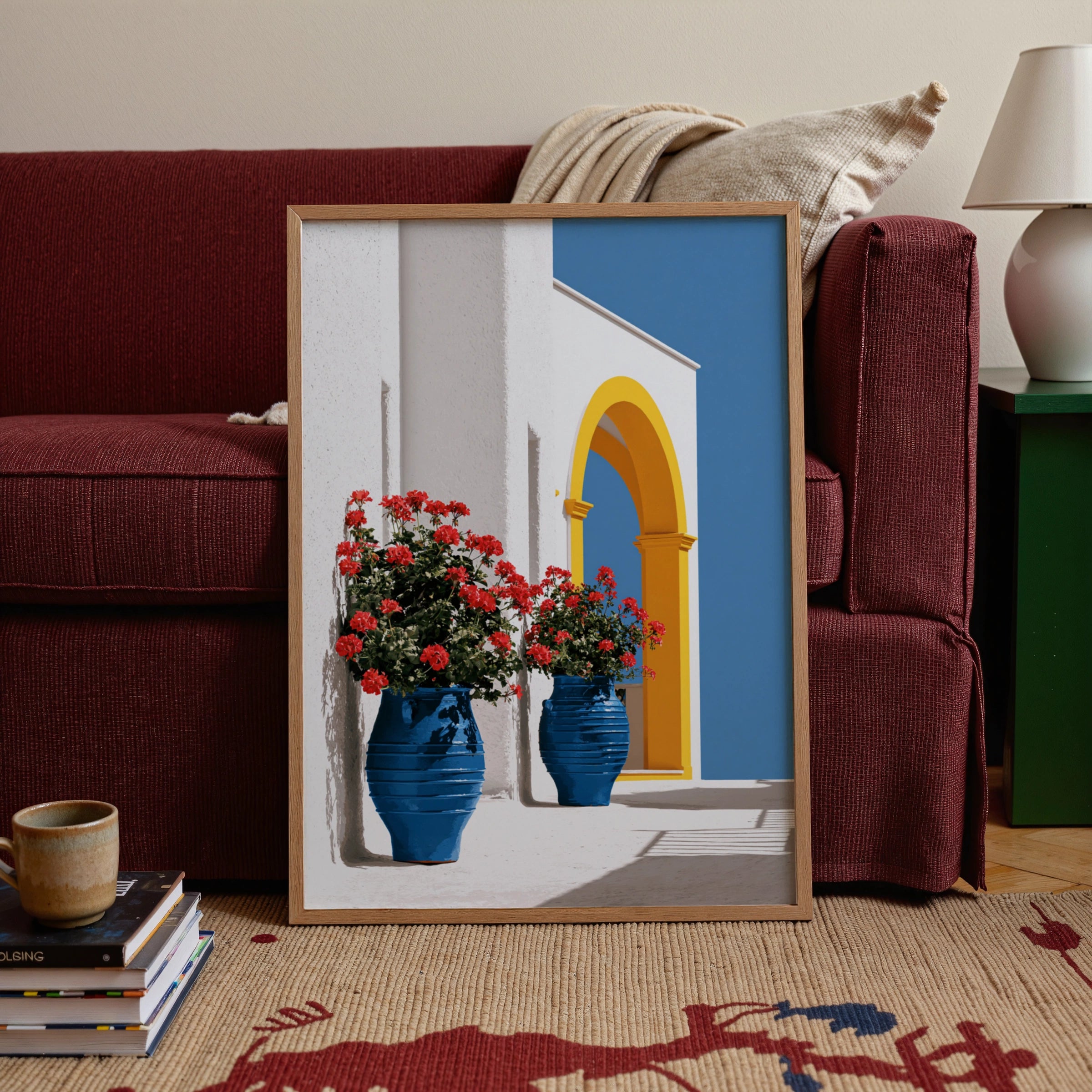 Greek Courtyard Blue Vases Poster, Mediterranean Architecture Wall Art Print
