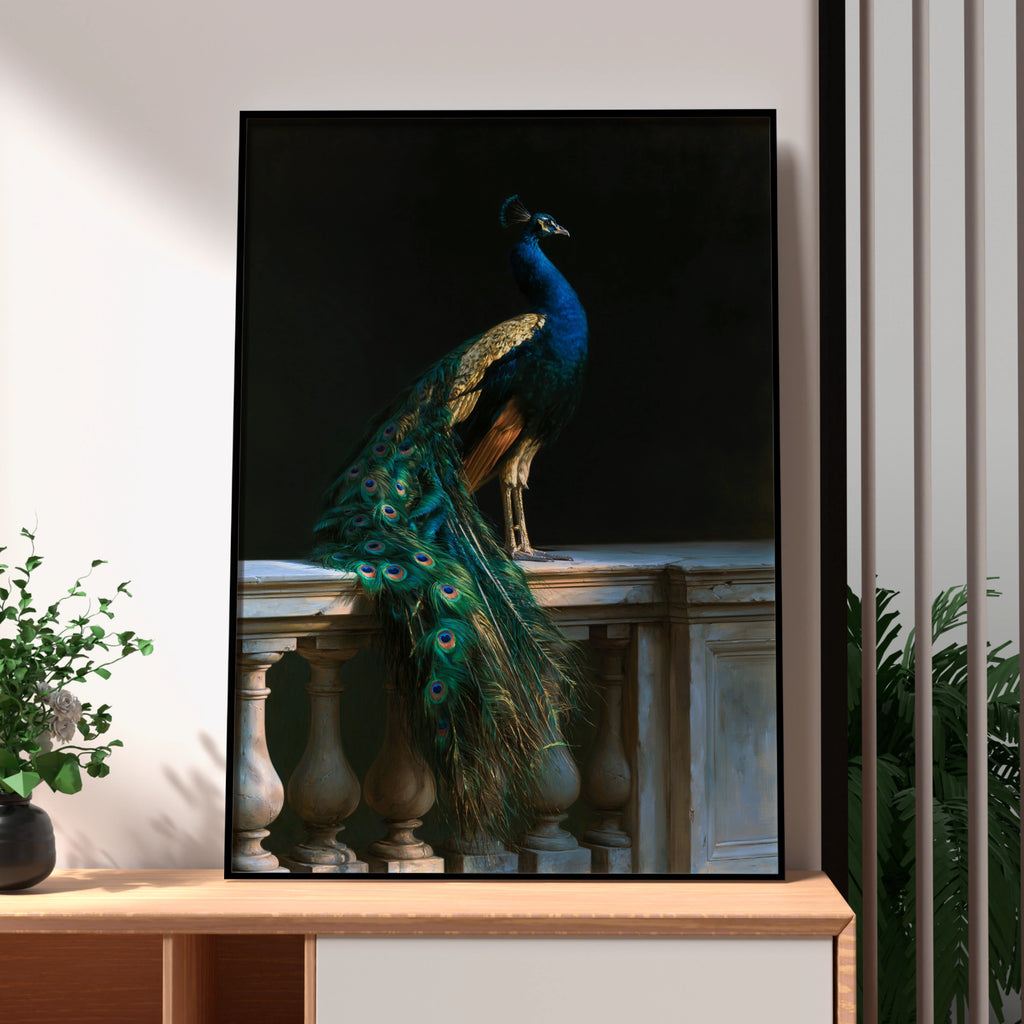 Peacock Antique Painting Poster, Teal Gold Bird Wall Art, Dark Classical Style
