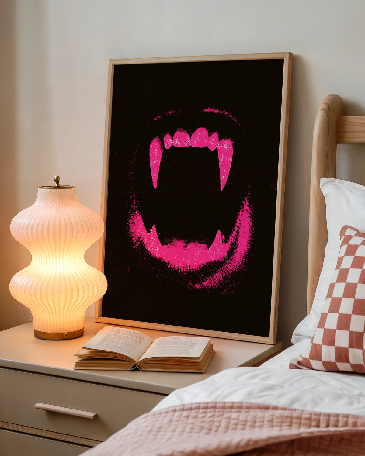 Dog Fangs Pink Wall Art Poster, Bold Dark Grunge Animal Print