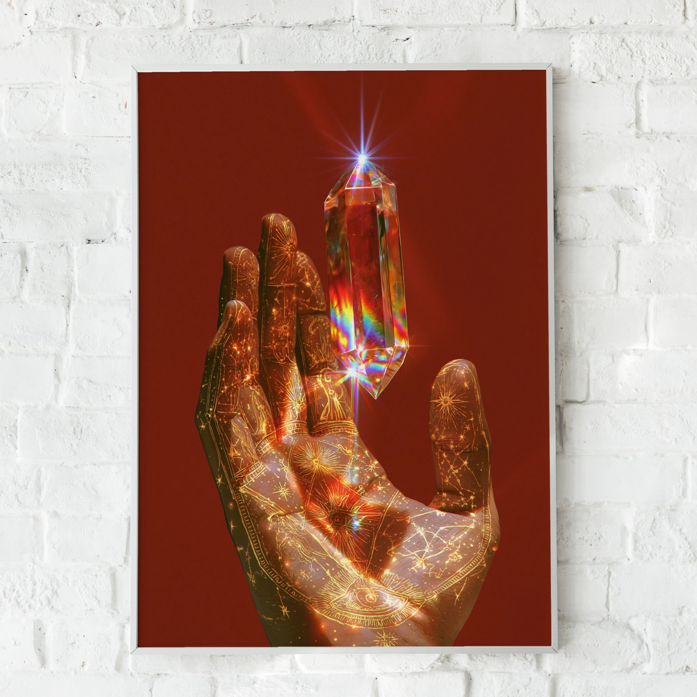 Crystal Prism Hand Poster, Mystical Celestial Art Print, Bohemian Wall Decor