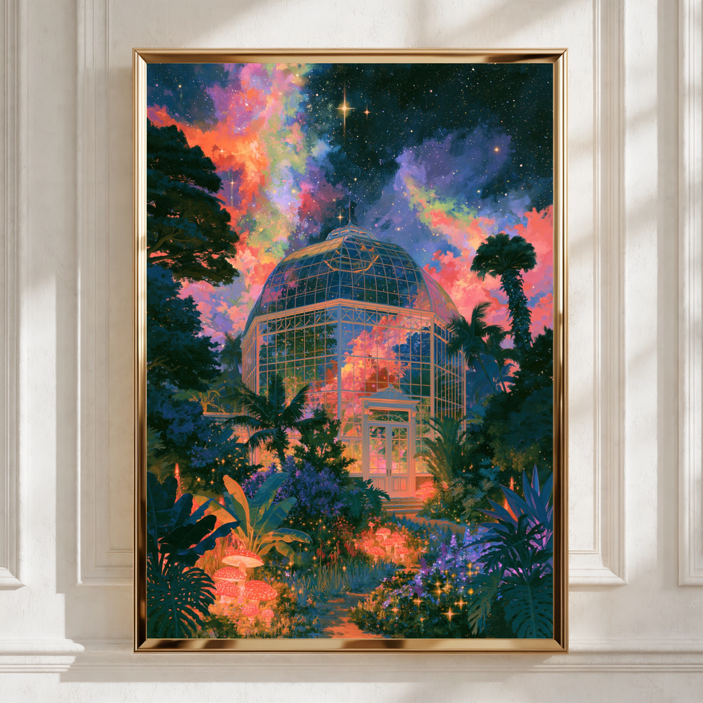 Surreal Glass Observatory Poster, Cosmic Night Sky, Botanical Art Print