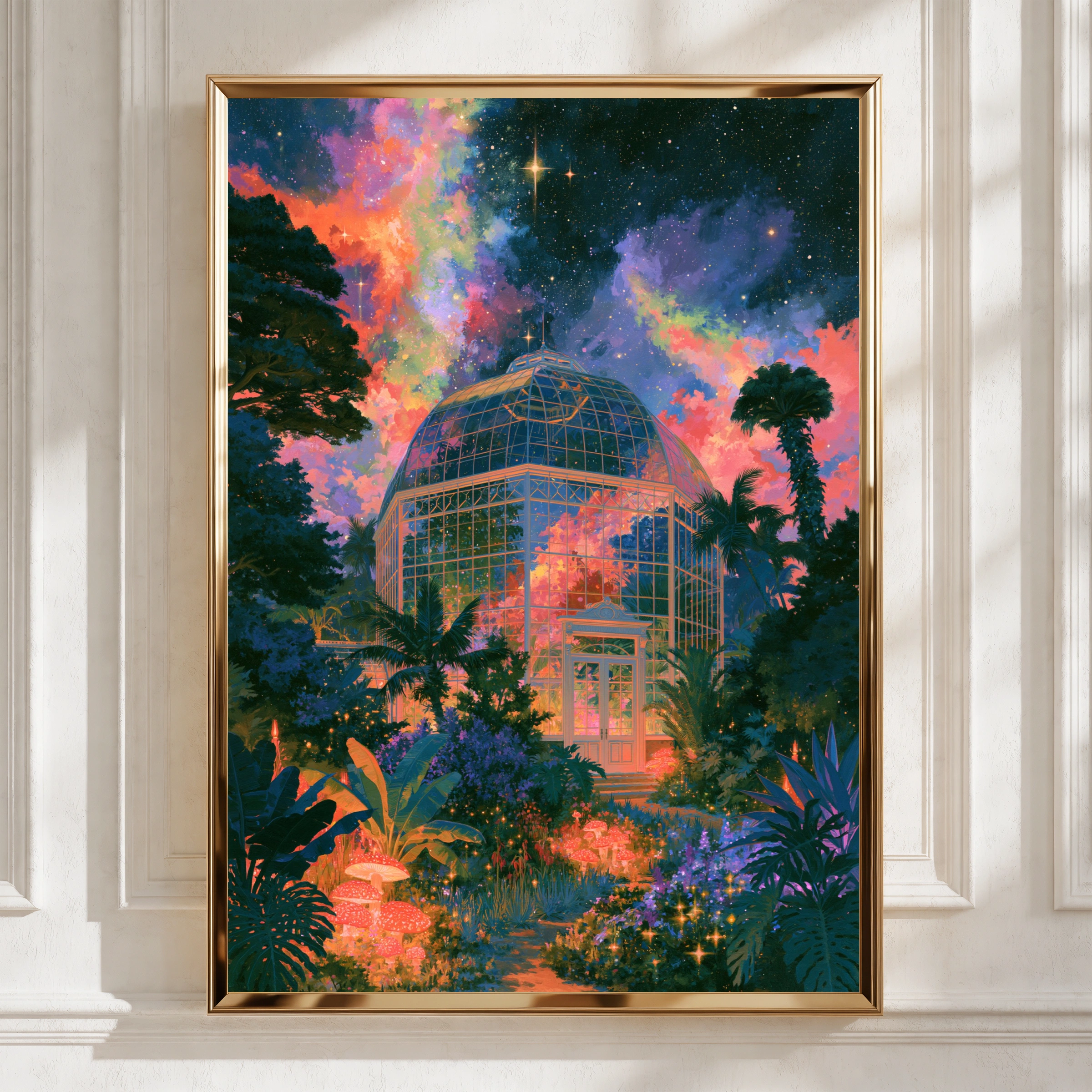 Surreal Glass Observatory Poster, Cosmic Night Sky, Botanical Art Print