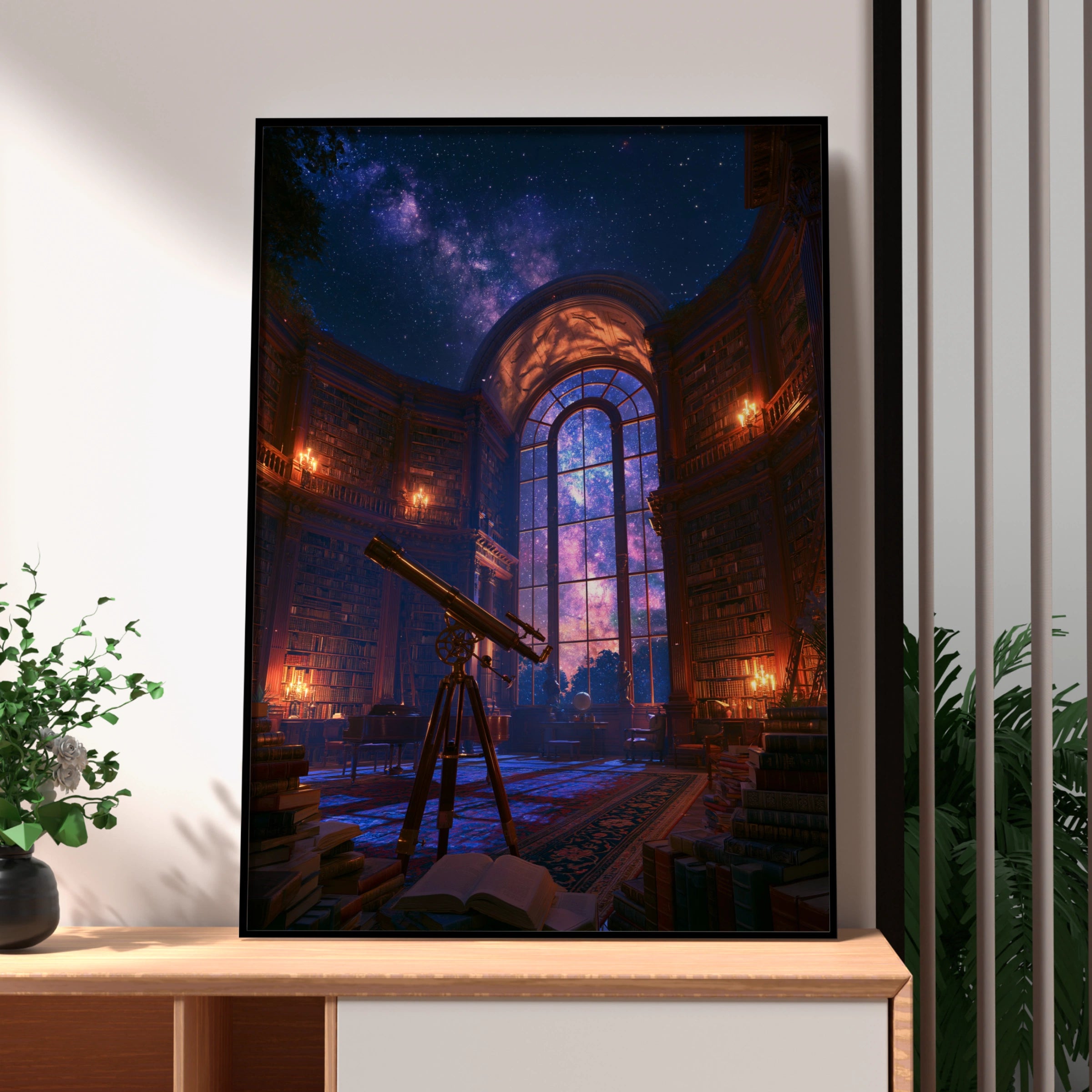 Cosmic Observatory Library Poster, Telescope Night Sky, Fantasy Astronomy Wall Art