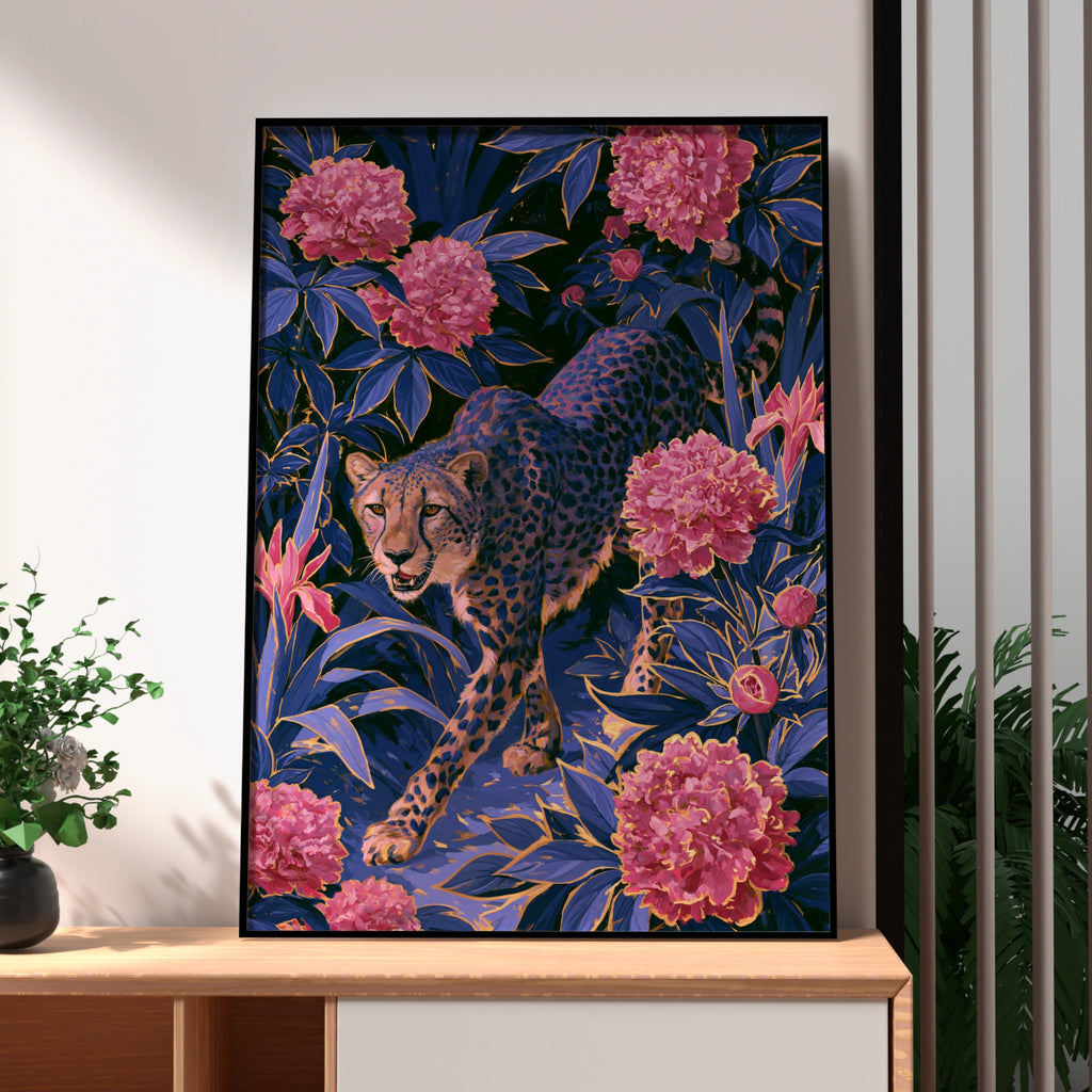 Cheetah Pink Flowers Poster, Botanical Jungle Wall Art, Dark Floral Print