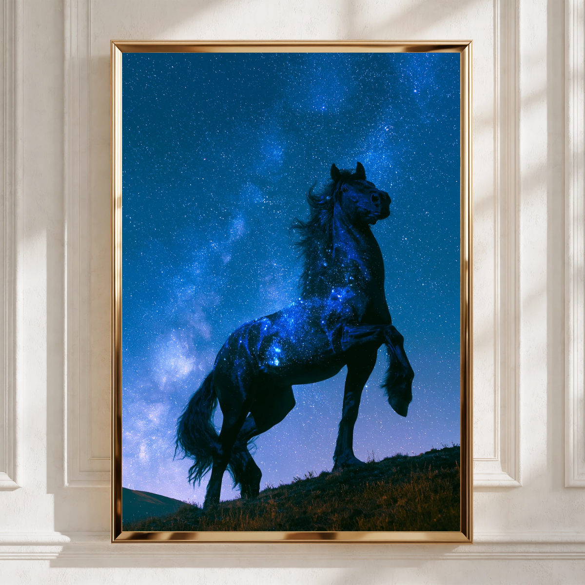 Celestial Horse Rearing Under Starry Night Sky, Galaxy Wall Art Poster