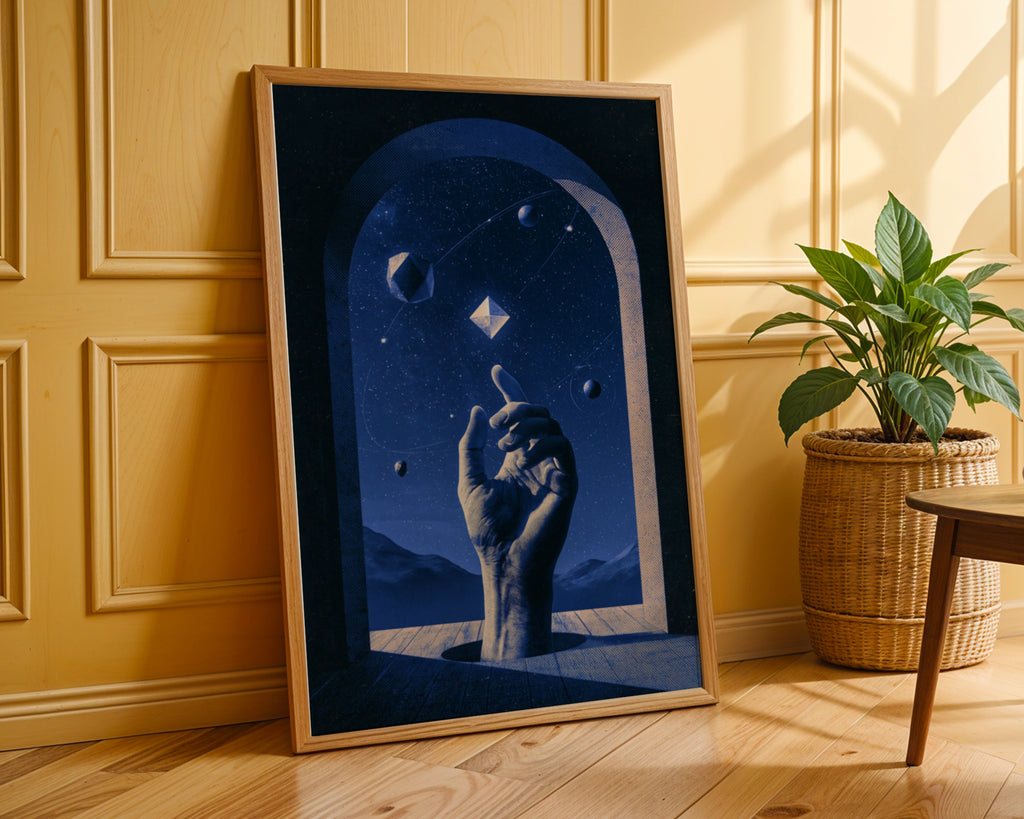 Cosmic Hand Universe Poster, Blue Surreal Space Art, Geometric Stars Print