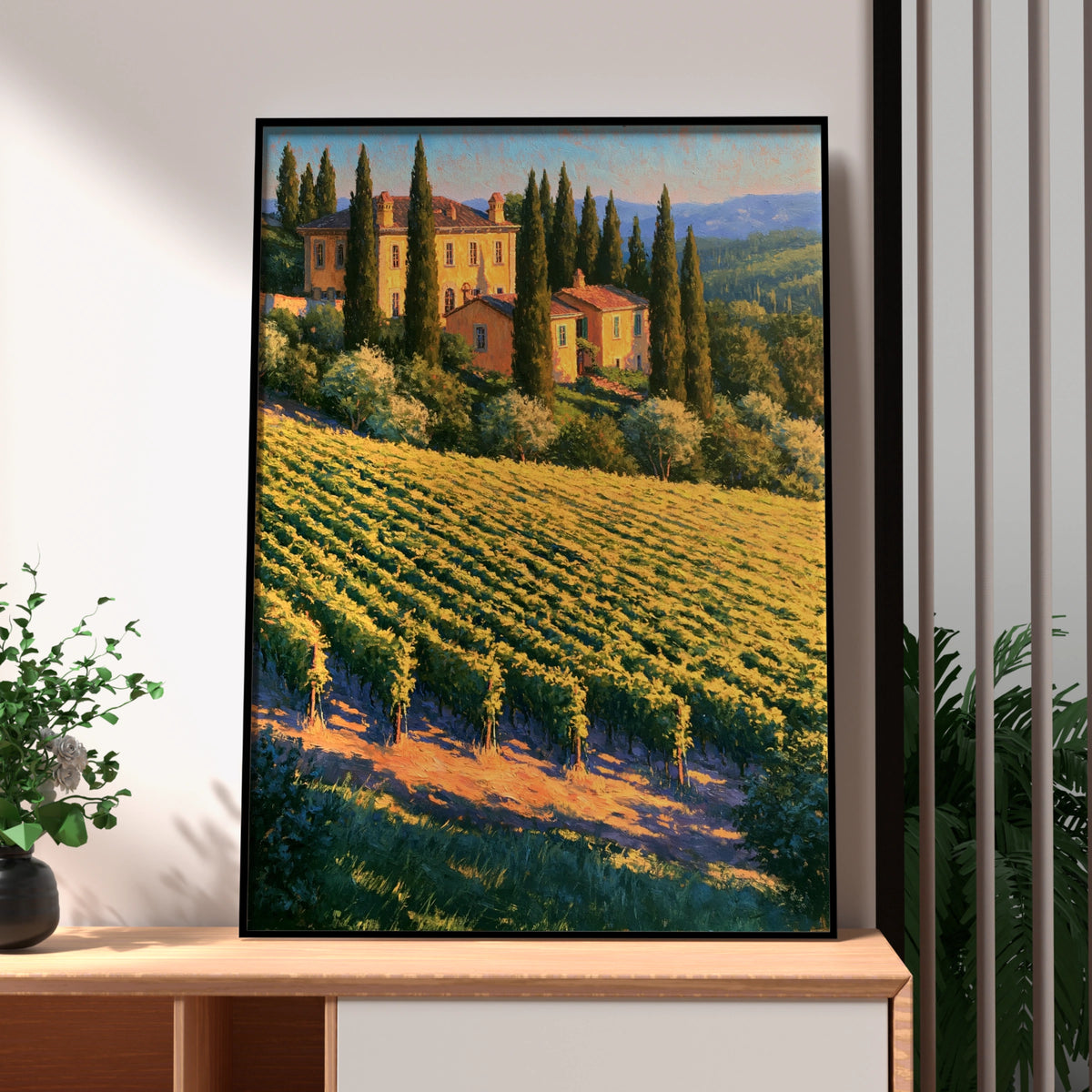 Tuscany Vineyard Poster, Italian Cypress Villa, Oil Painting Style Wall Art