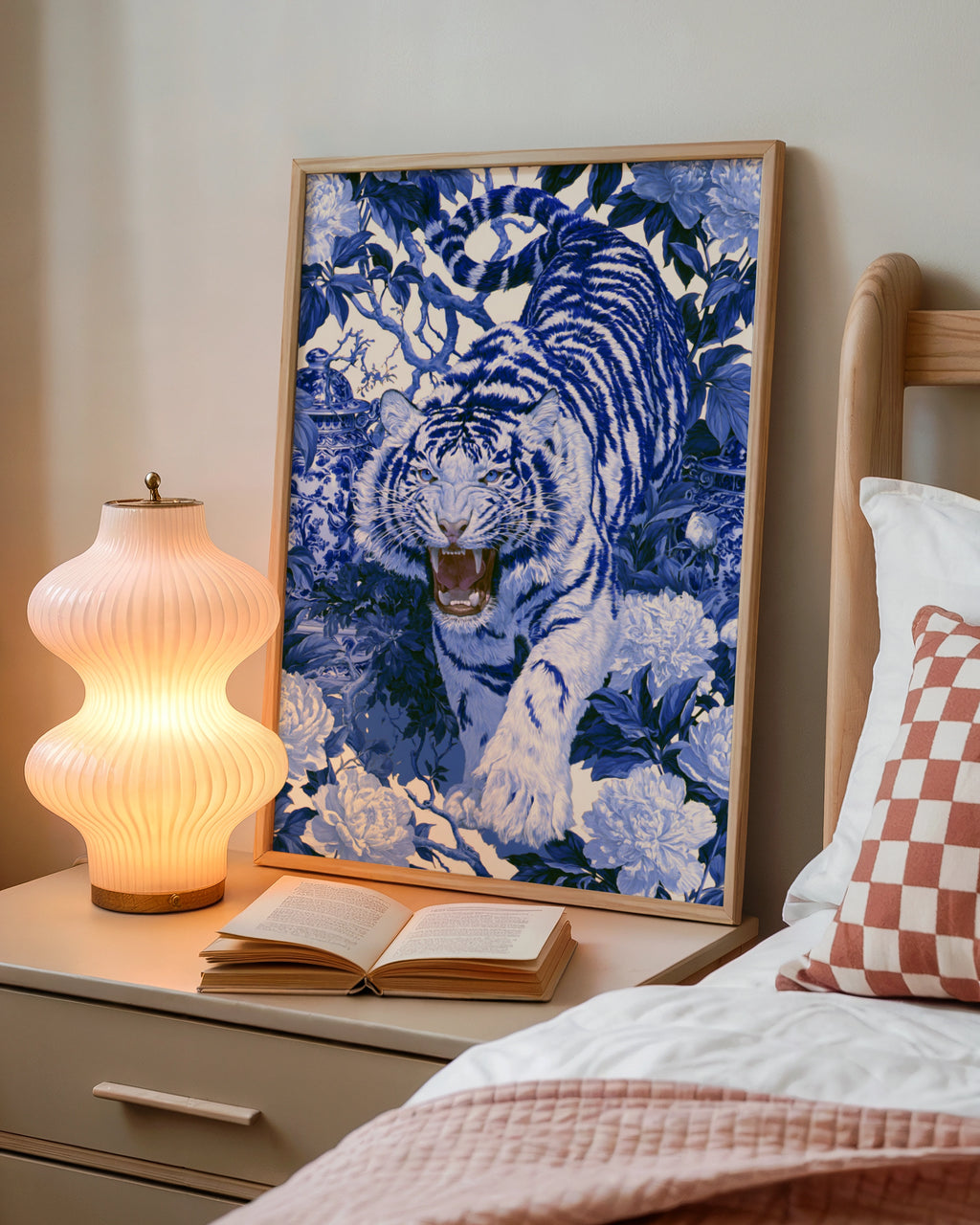 Roaring Tiger Chinoiserie Poster, Blue White Floral Wall Art Print