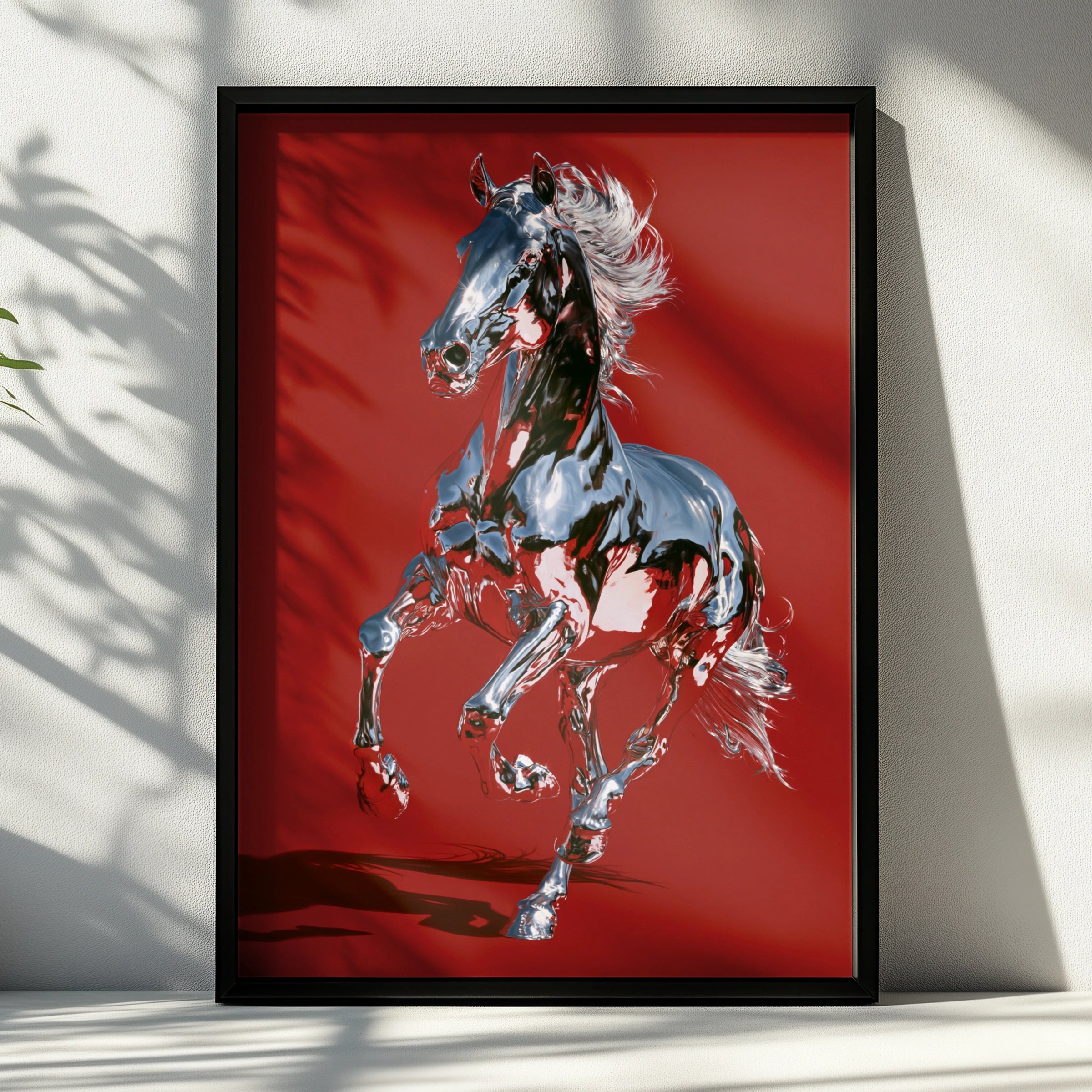 Chrome Horse Poster, Red Wall Art, Metallic Equine Print, Bold Modern Style