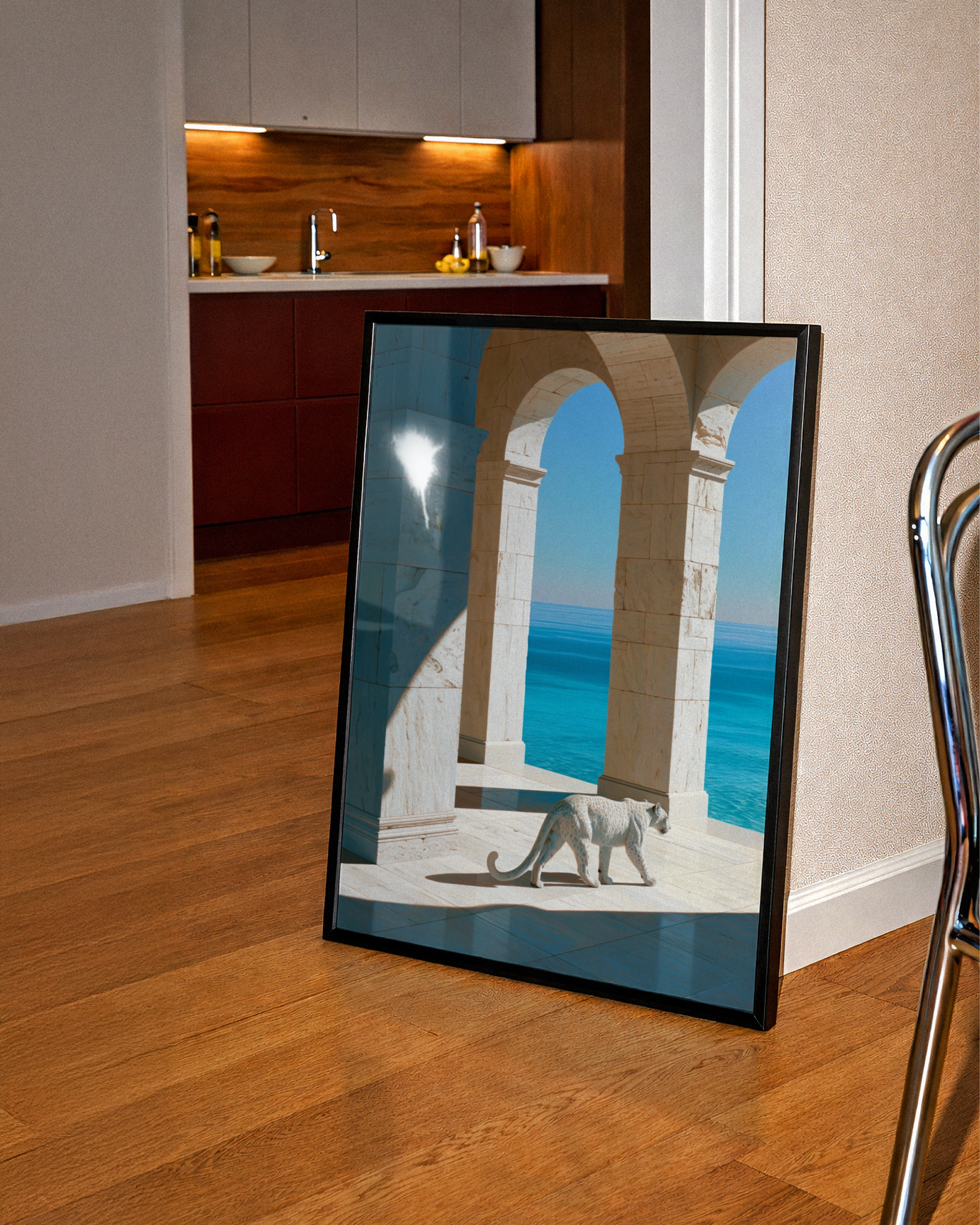 White Leopard Marble Arches Sea View Poster, Surreal Animal Art Print