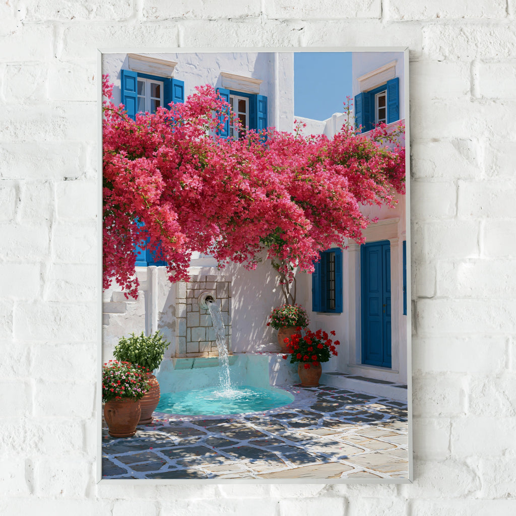Greek Courtyard Fountain Bougainvillea Poster, Mediterranean Wall Art Print