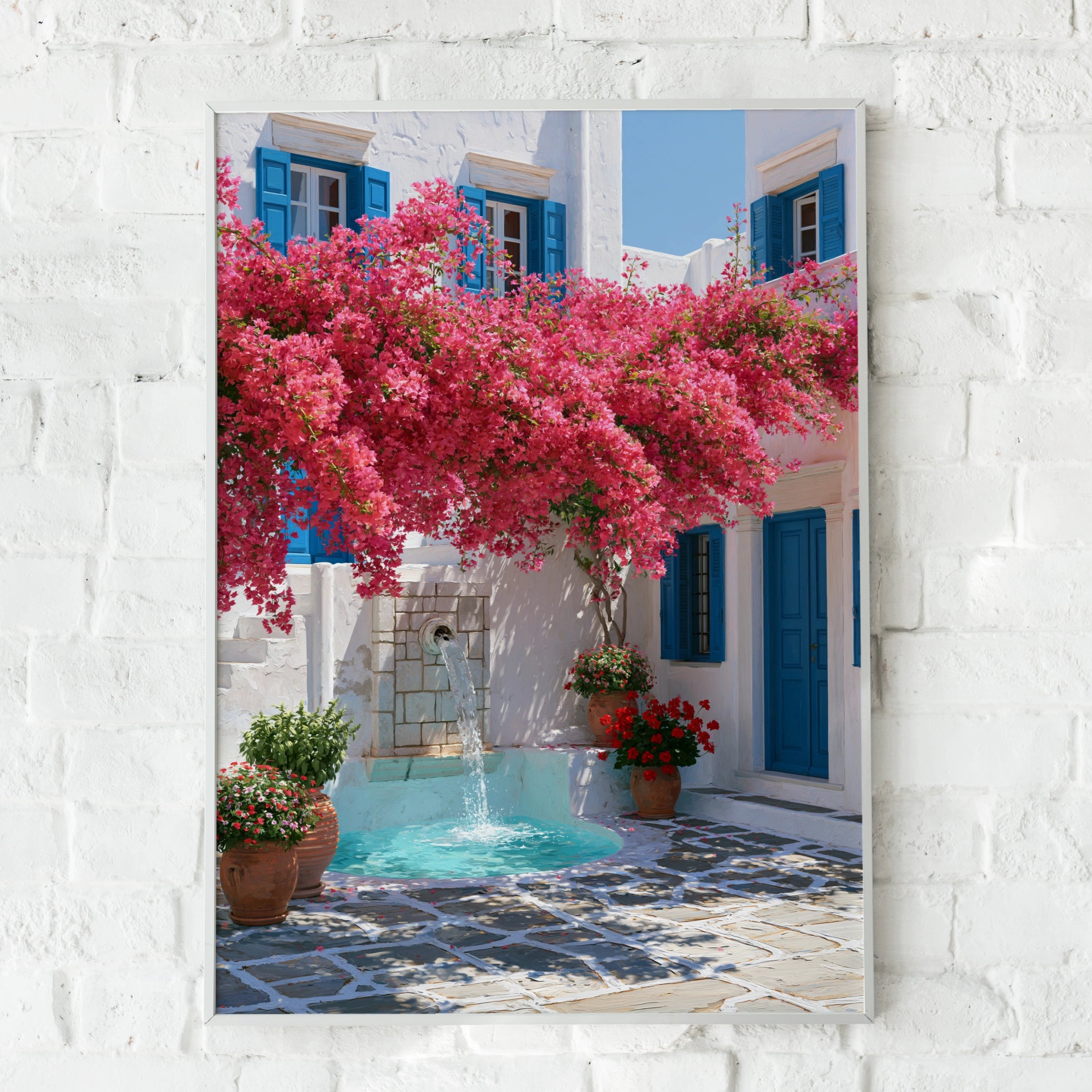 Greek Courtyard Fountain Bougainvillea Poster, Mediterranean Wall Art Print